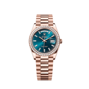 Rolex Day-Date 128345RBR Rose Gold Diamond Bezel Blue-Green Baguette Marker Dial