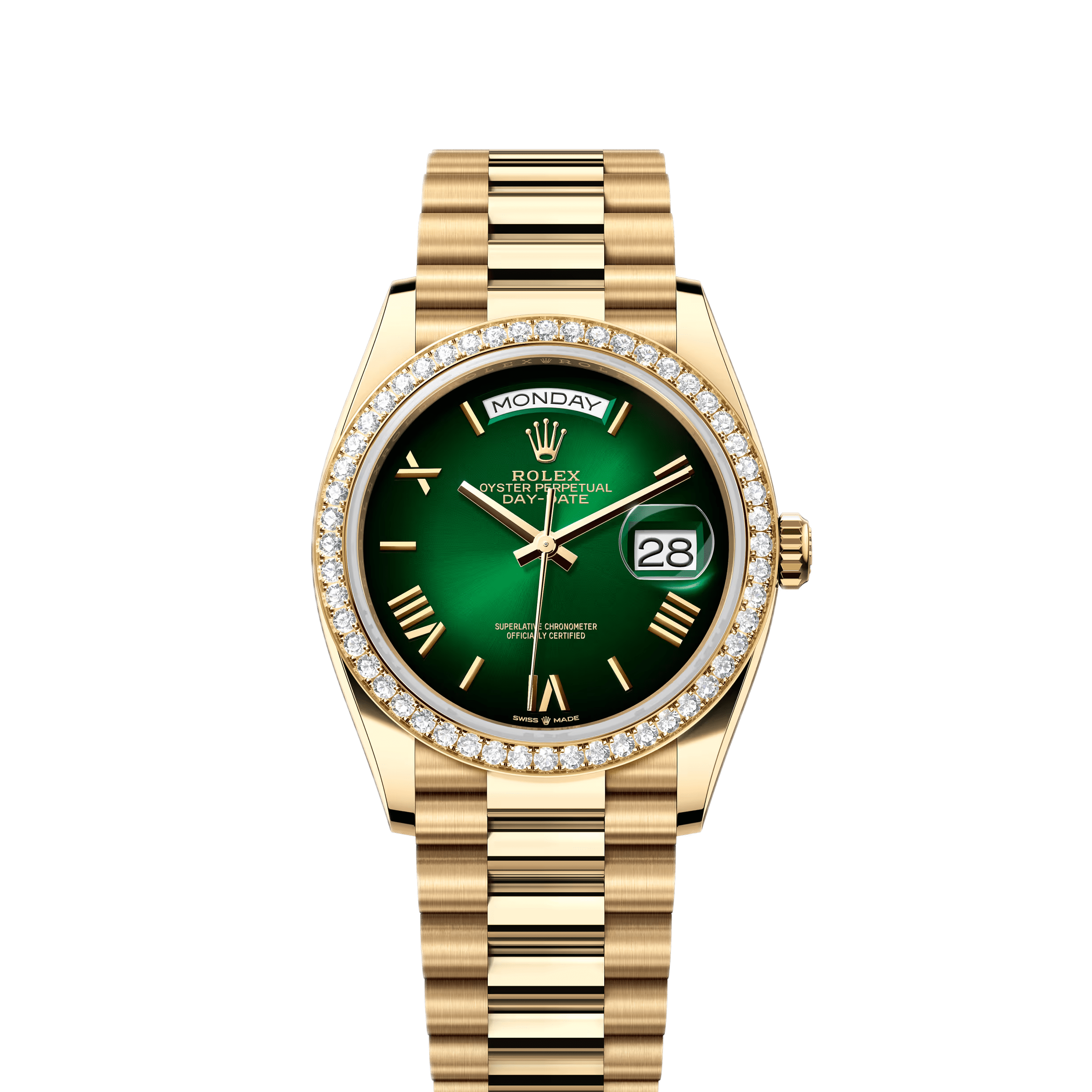 Rolex Day-Date 128348RBR Yellow Gold Green Ombre Roman Numeral Dial Diamond Bezel