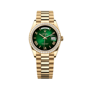 Rolex Day-Date 128348RBR Yellow Gold Green Ombre Roman Numeral Dial Diamond Bezel