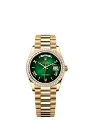 Rolex Day-Date 128398TBR Yellow Gold Green Ombre Roman Numeral Dial Diamond Bezel