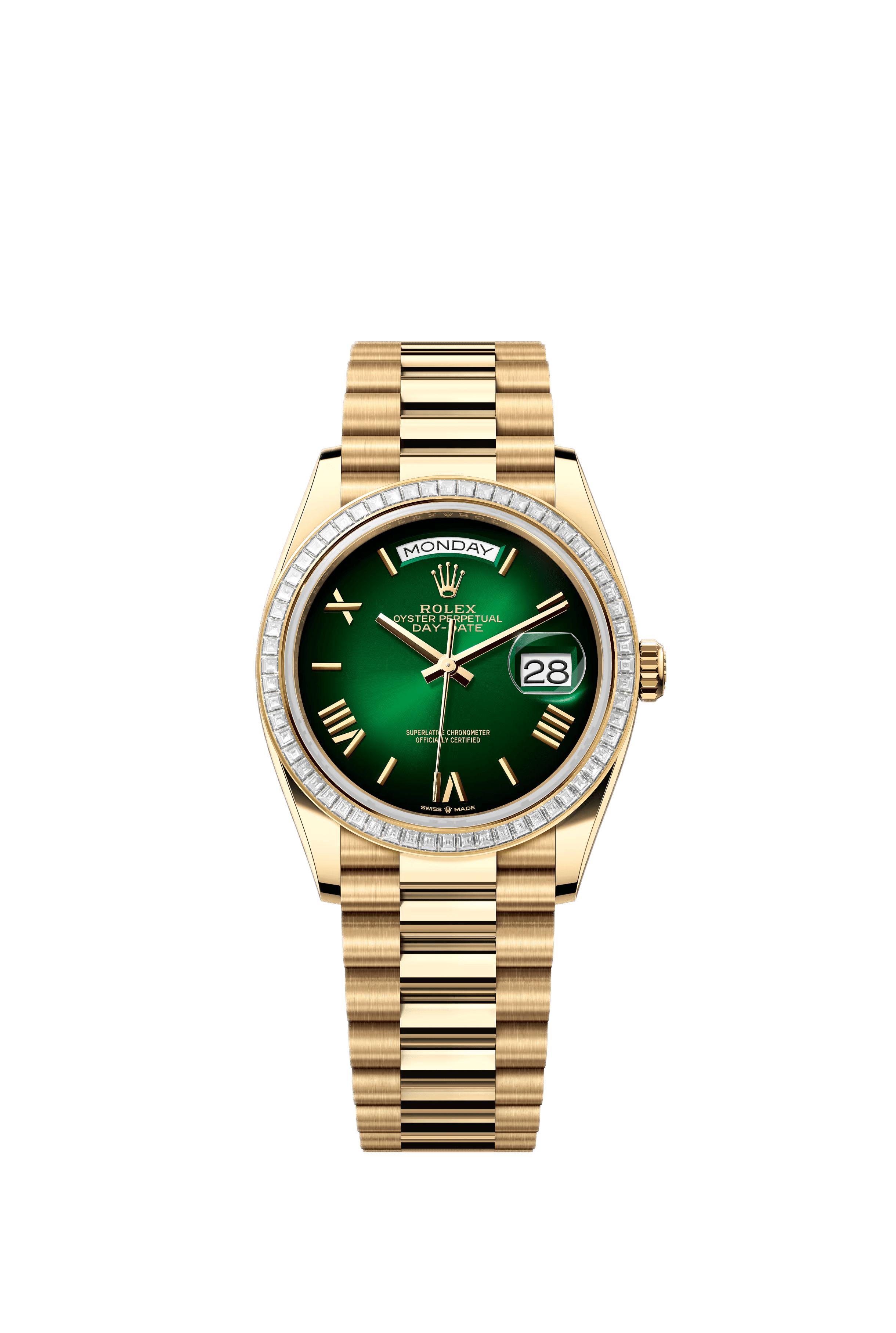 Rolex Day-Date 128398TBR Yellow Gold Green Ombre Roman Numeral Dial Diamond Bezel