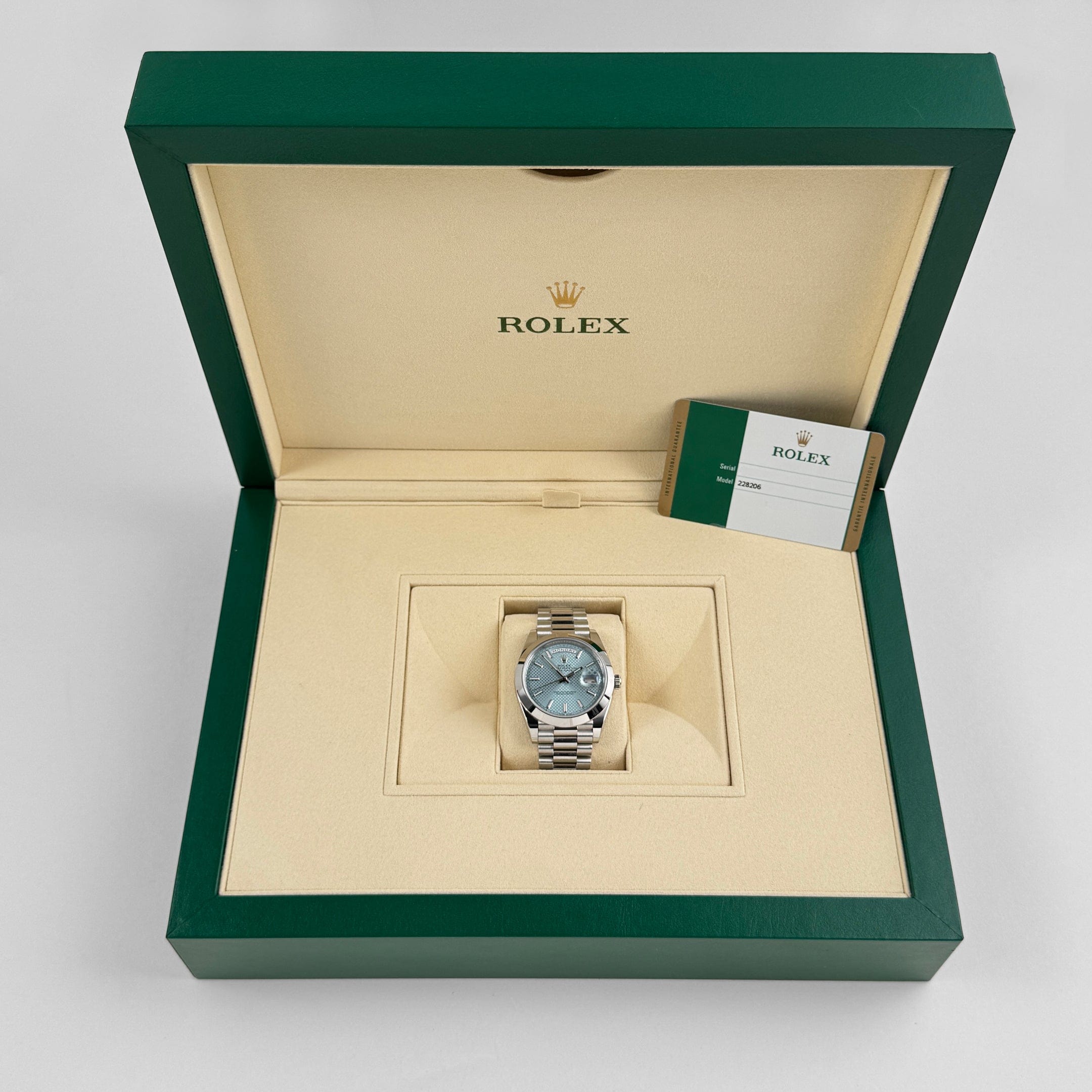 Rolex Day-Date 228206 40 Platinum Ice Blue Diagonal Motif Dial