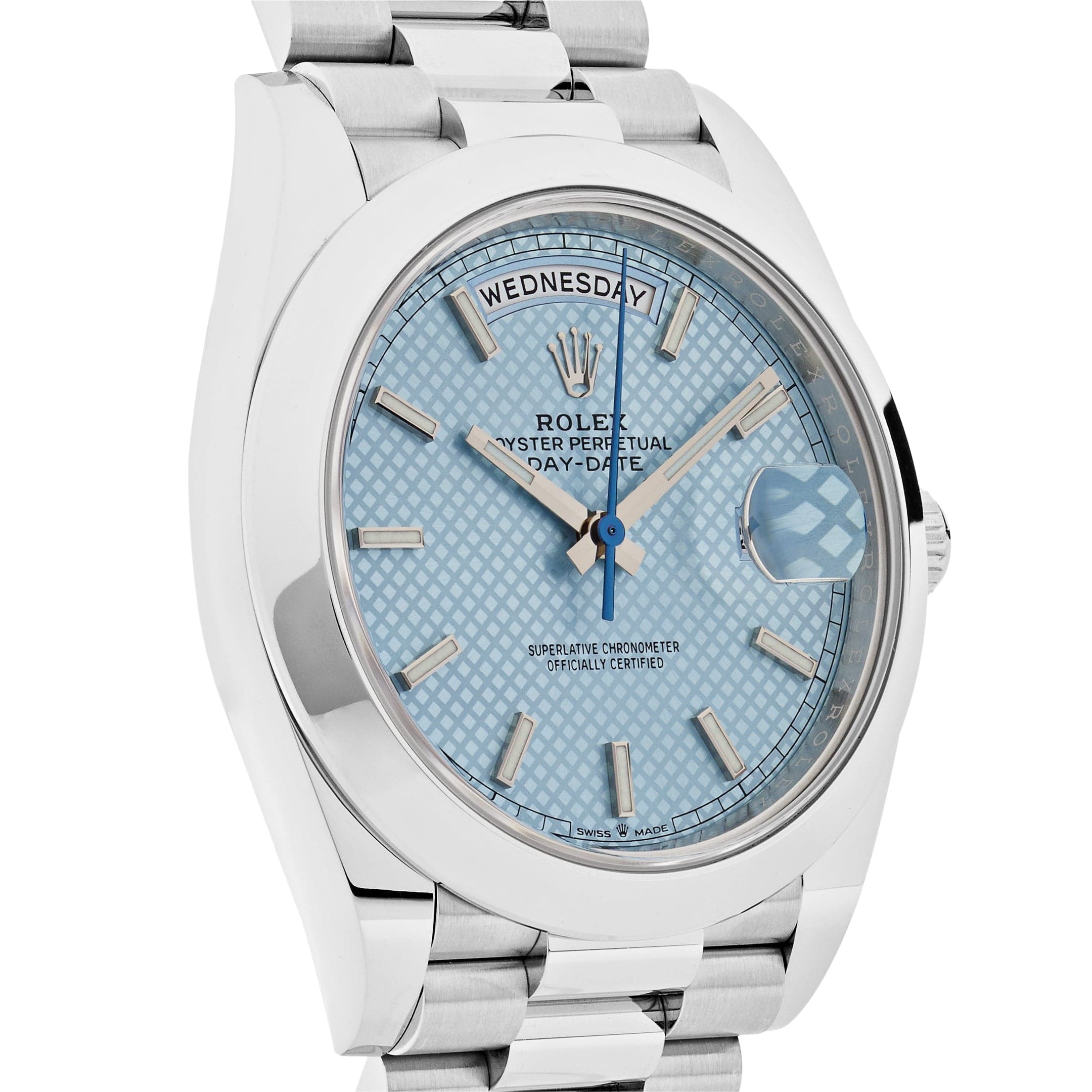 Rolex Day-Date 228206 40 Platinum Ice Blue Diagonal Motif Dial