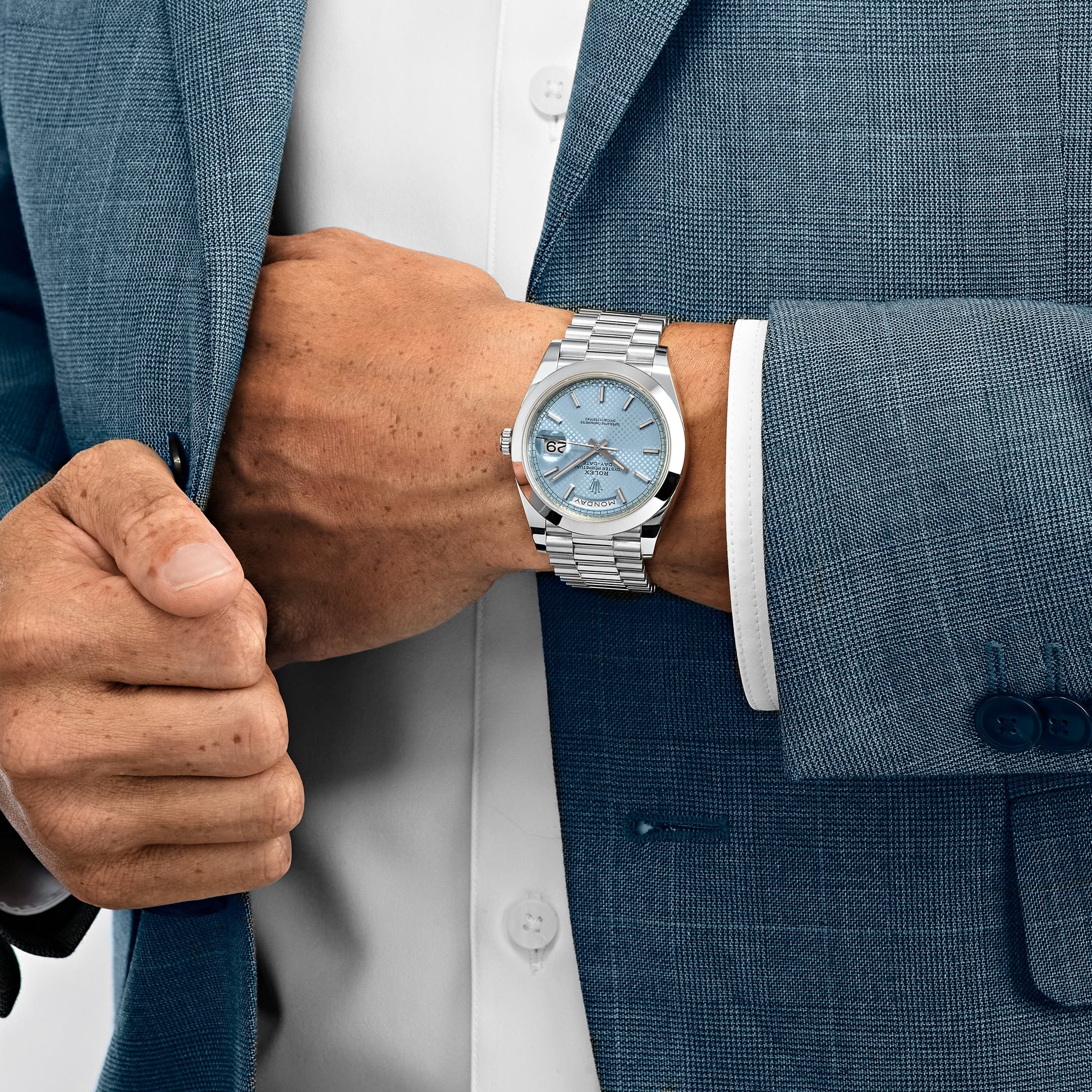 Rolex Day-Date 228206 40 Platinum Ice Blue Diagonal Motif Dial