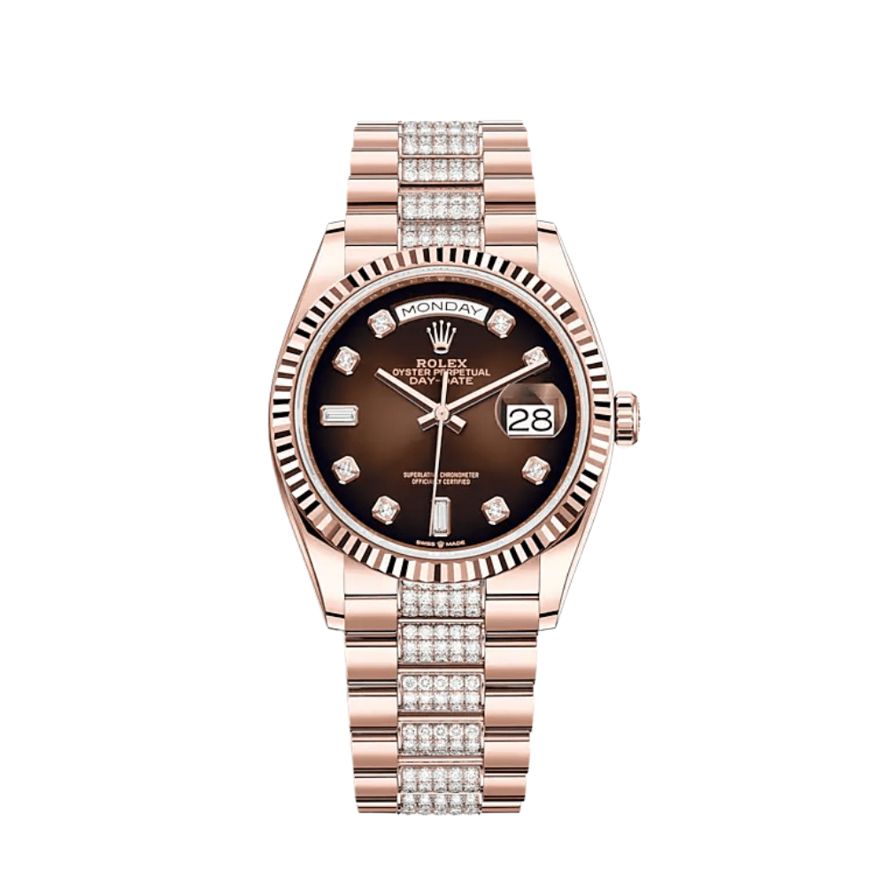 Luxury Watch Rolex Day-Date 36 Rose Gold Brown Diamond Dial 128235 Wrist Aficionado