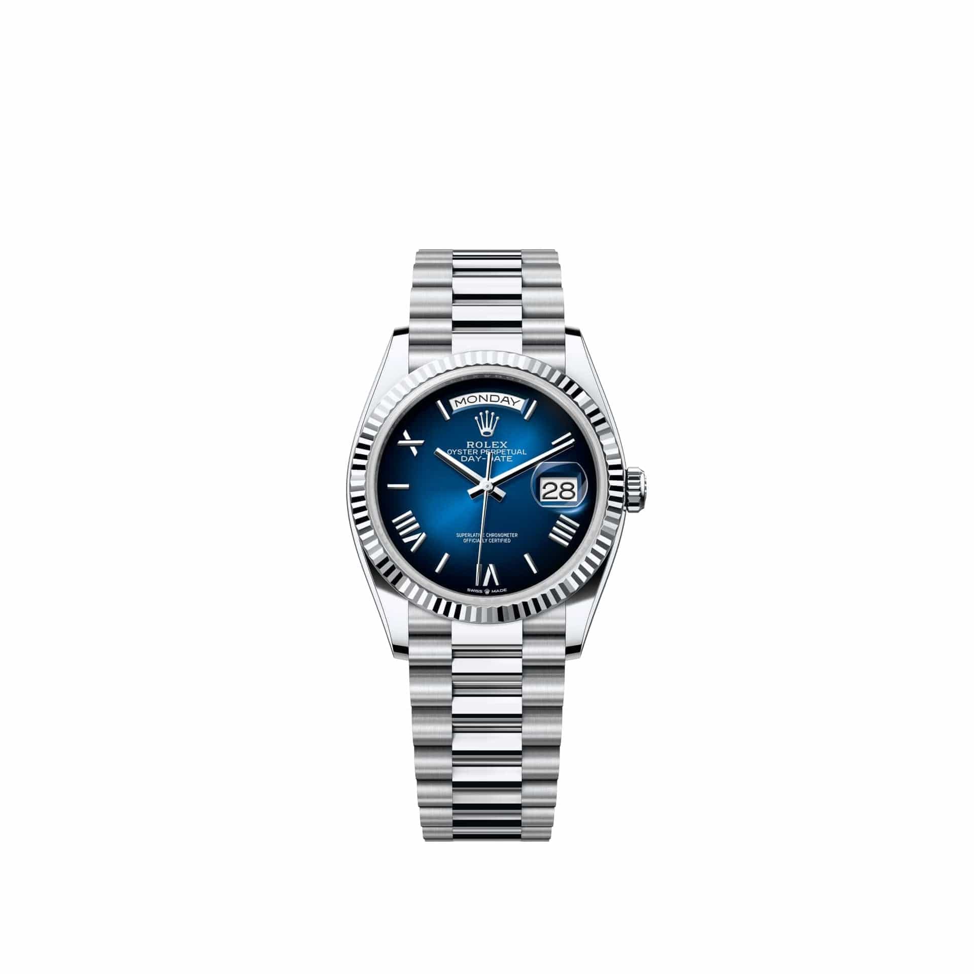 Rolex Day-Date 36 128236 Platinum Blue Ombre Roman Dial President (2026)