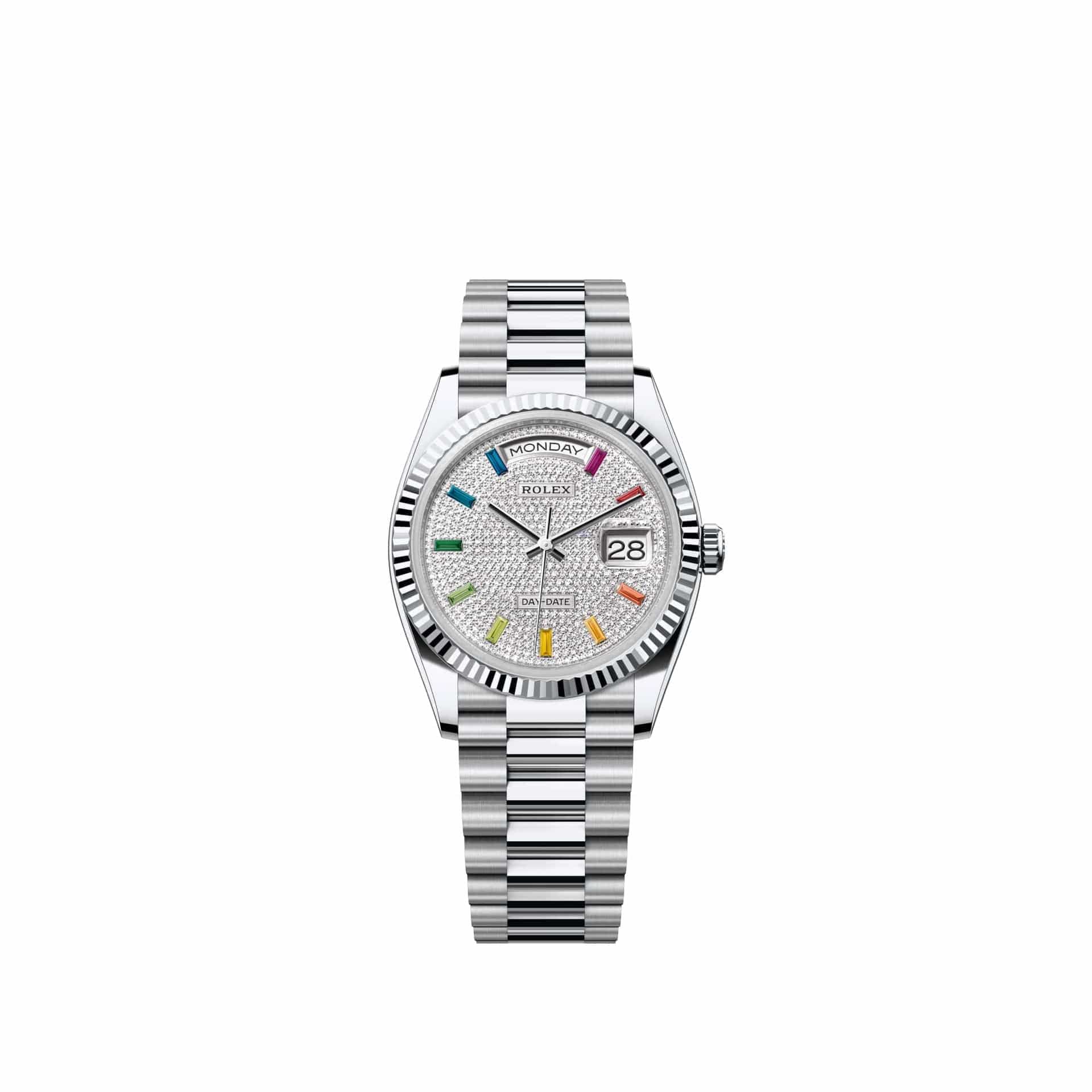 Rolex Day-Date 36 128236 Platinum Diamond-Paved Sapphire Dial President (2026)