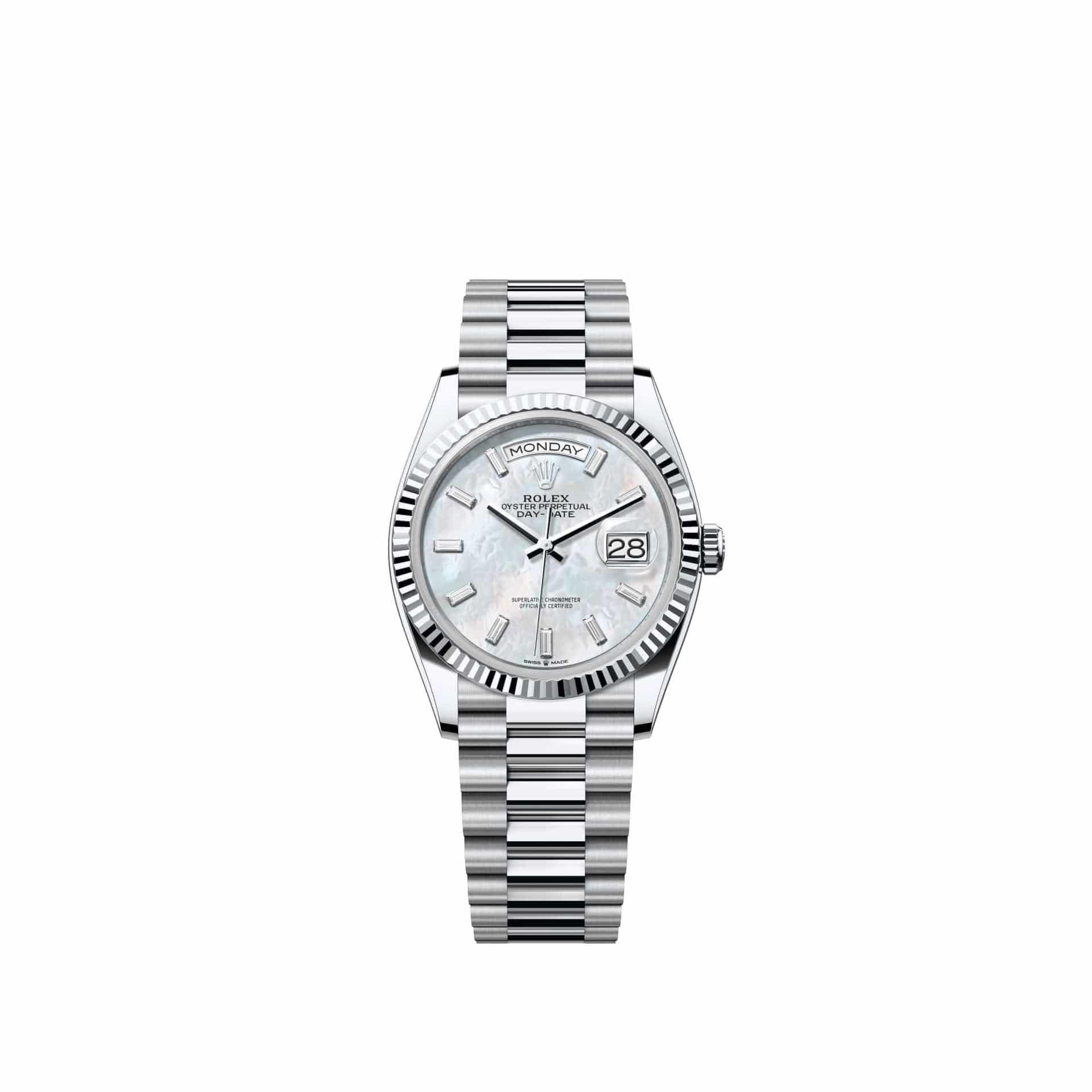 Rolex Day-Date 36 128236 Platinum White Mother of Pearl Diamond Dial President (2026)