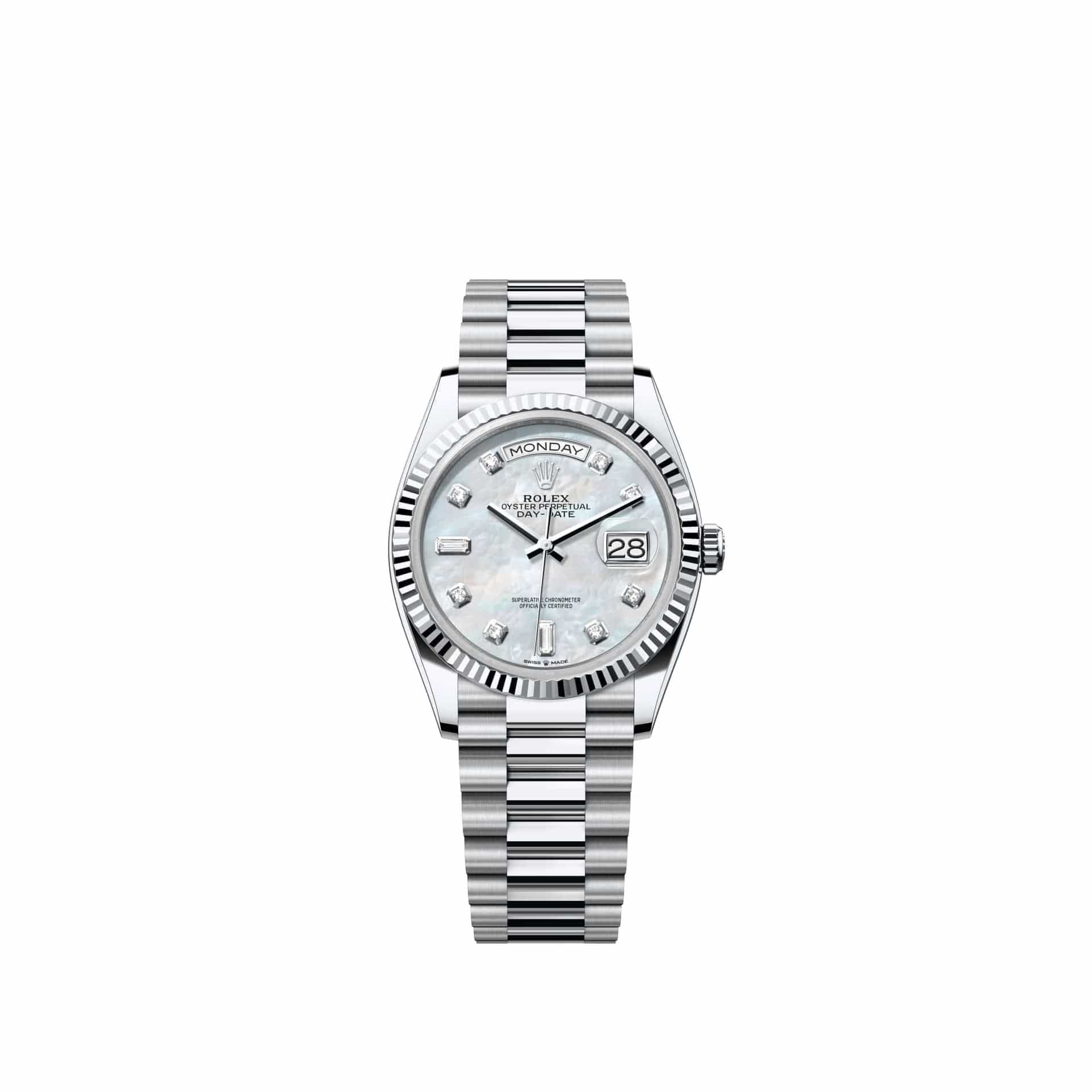 Rolex Day-Date 36 128236 Platinum White Mother of Pearl Diamond Dial President (2026)