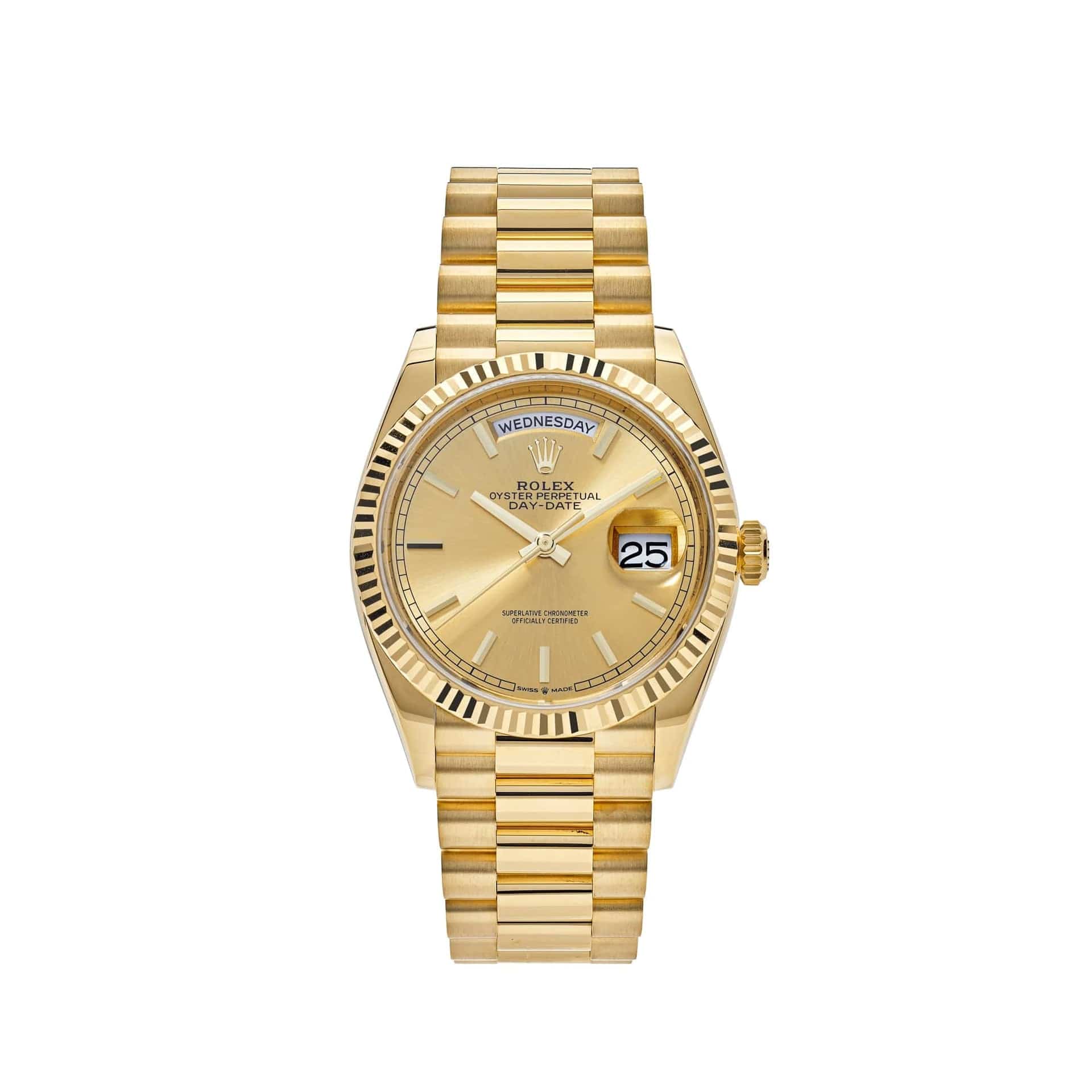 Luxury Watch Rolex Day-Date 36 Yellow Gold Champagne Dial 128238 Wrist Aficionado