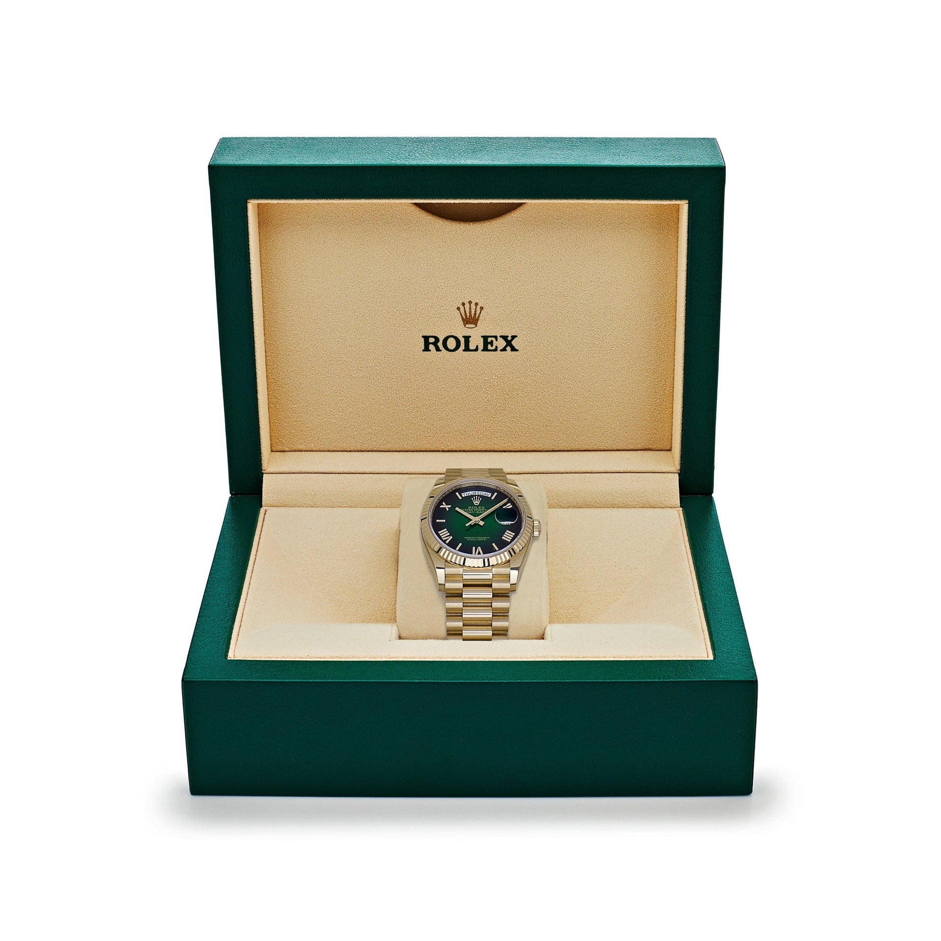Rolex Day-Date 36 128238 Yellow Gold Green Ombre Roman Numeral Dial (2025)