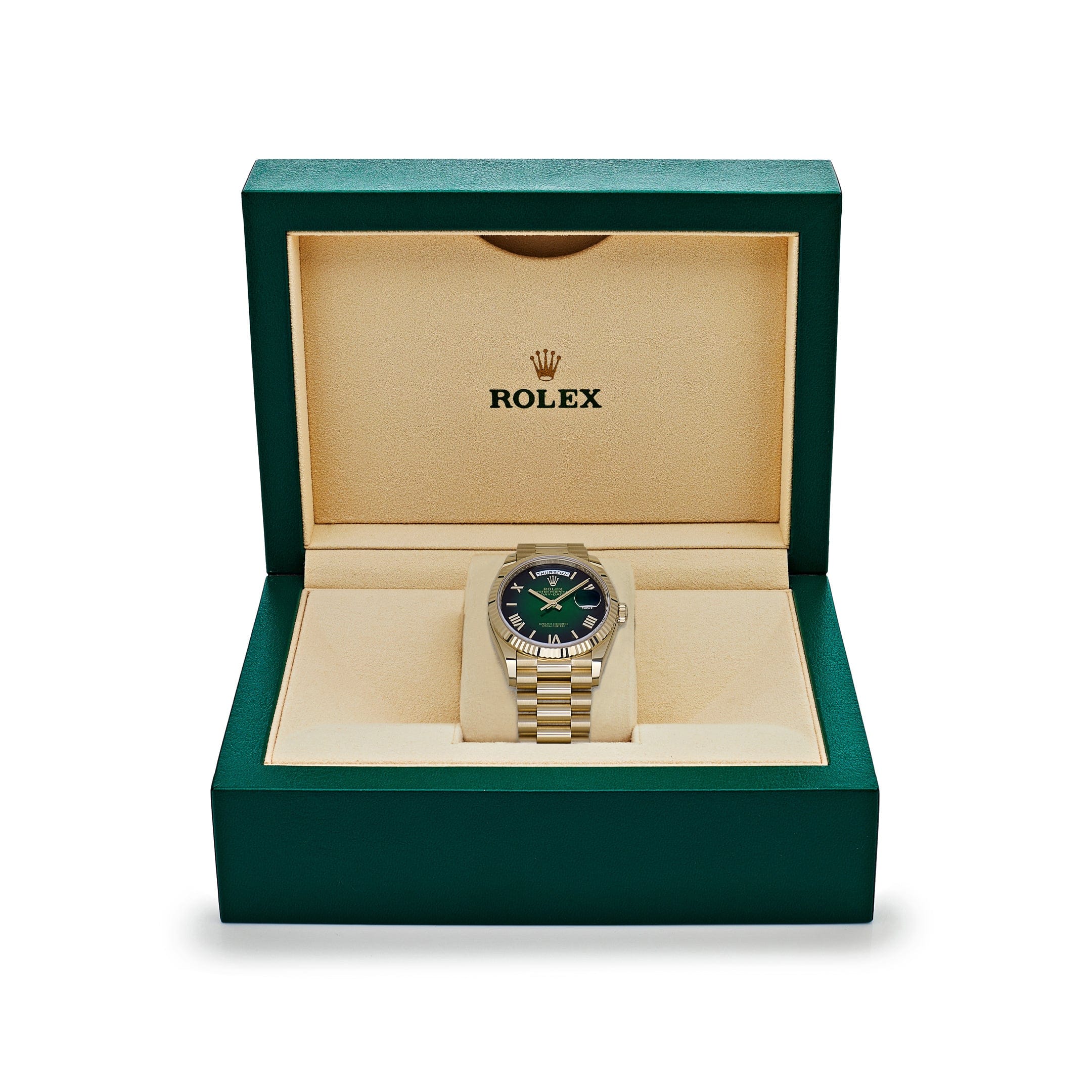 Rolex Day-Date 36 128238 Yellow Gold Green Ombre Roman Numeral Dial (2025)