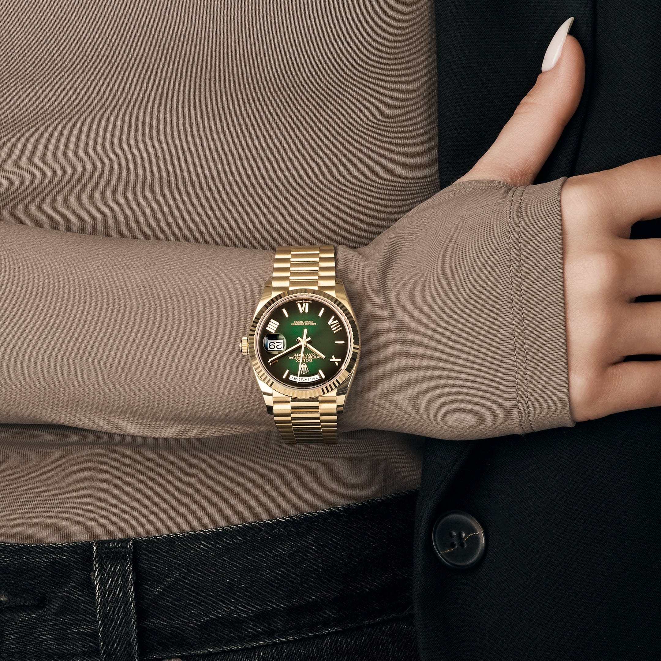 Rolex Day-Date 36 128238 Yellow Gold Green Ombre Roman Numeral Dial (2025)