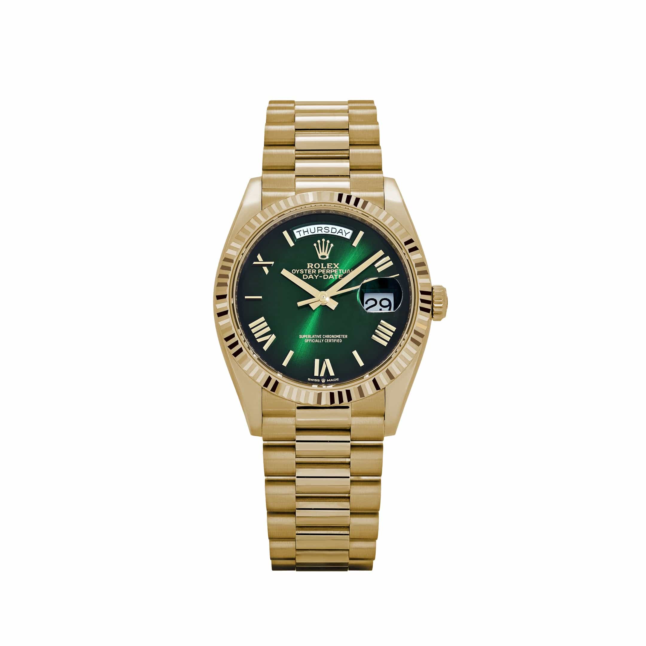 Rolex Day-Date 36 128238 Yellow Gold Green Ombre Roman Numeral Dial (2025)