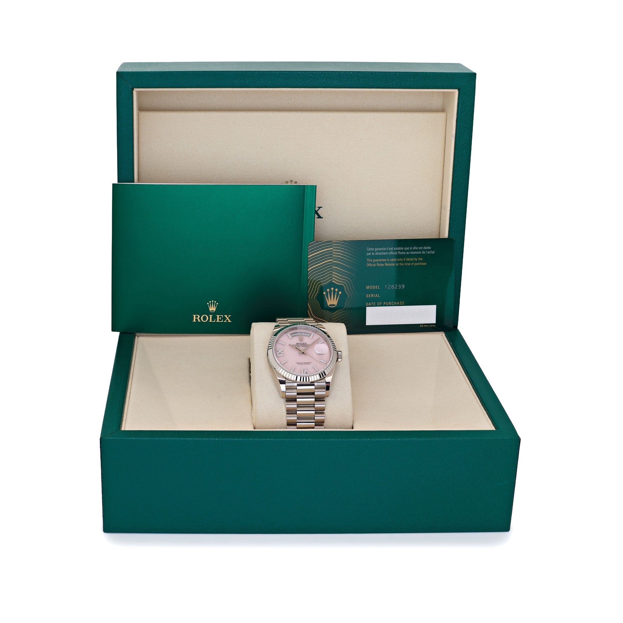 Rolex Day-Date 36 128239 White Gold Pink Opal Diamond Roman Numerals Dial (2025)