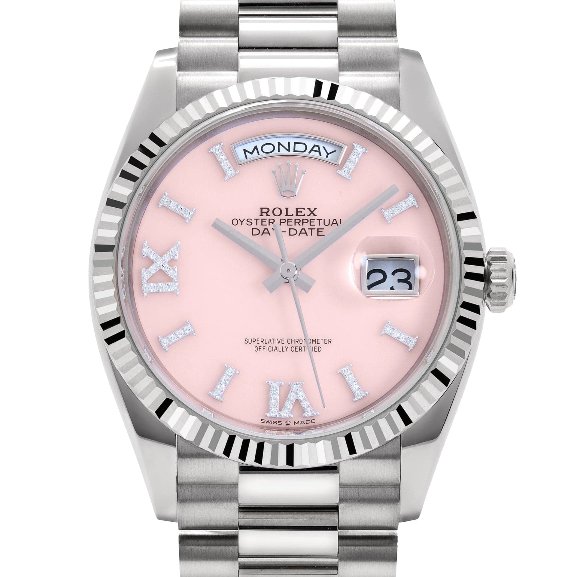 Rolex Day-Date 36 128239 White Gold Pink Opal Diamond Roman Numerals Dial (2025)