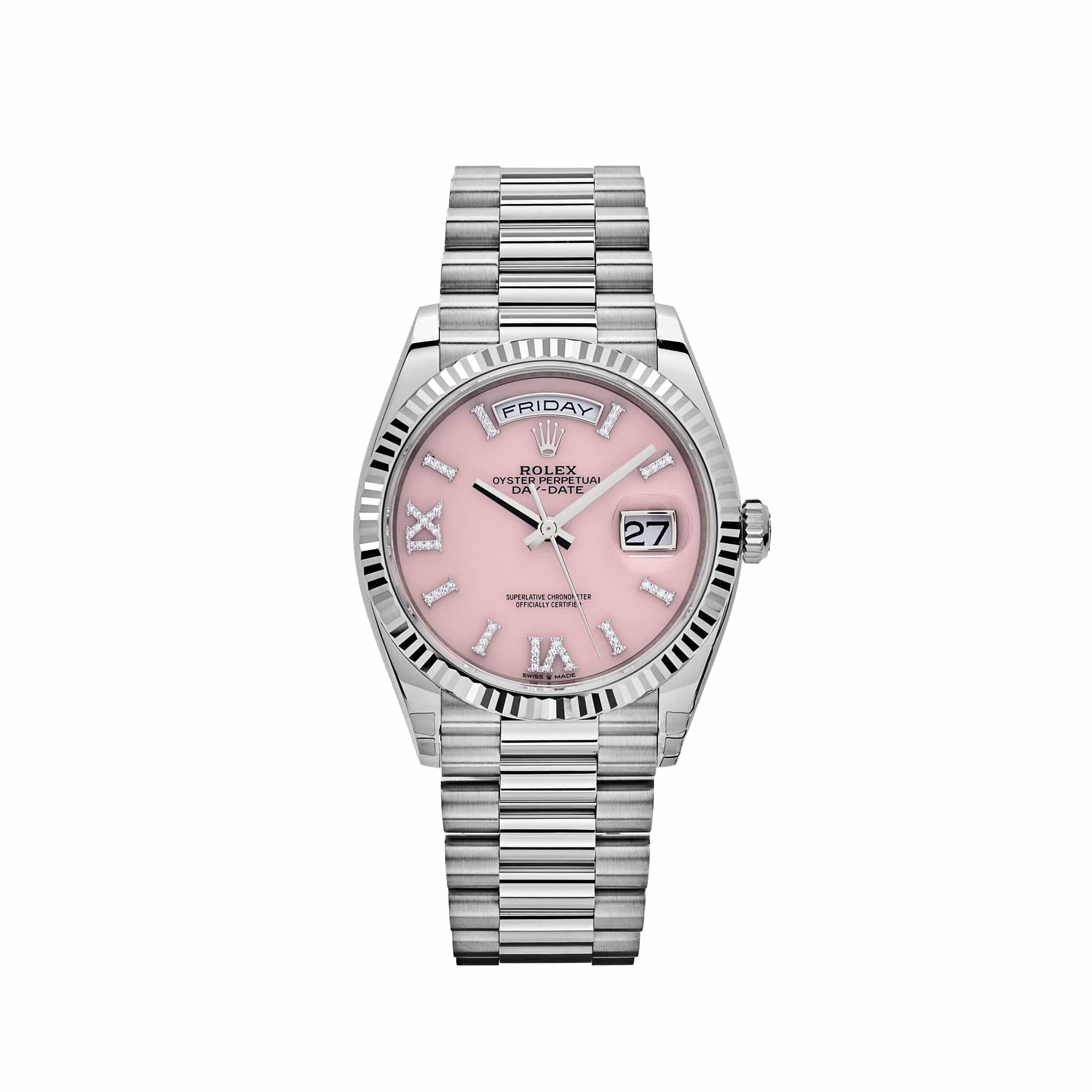 Rolex Day-Date 128239 White Gold Pink Opal Diamond Roman Numerals Dial (2024)