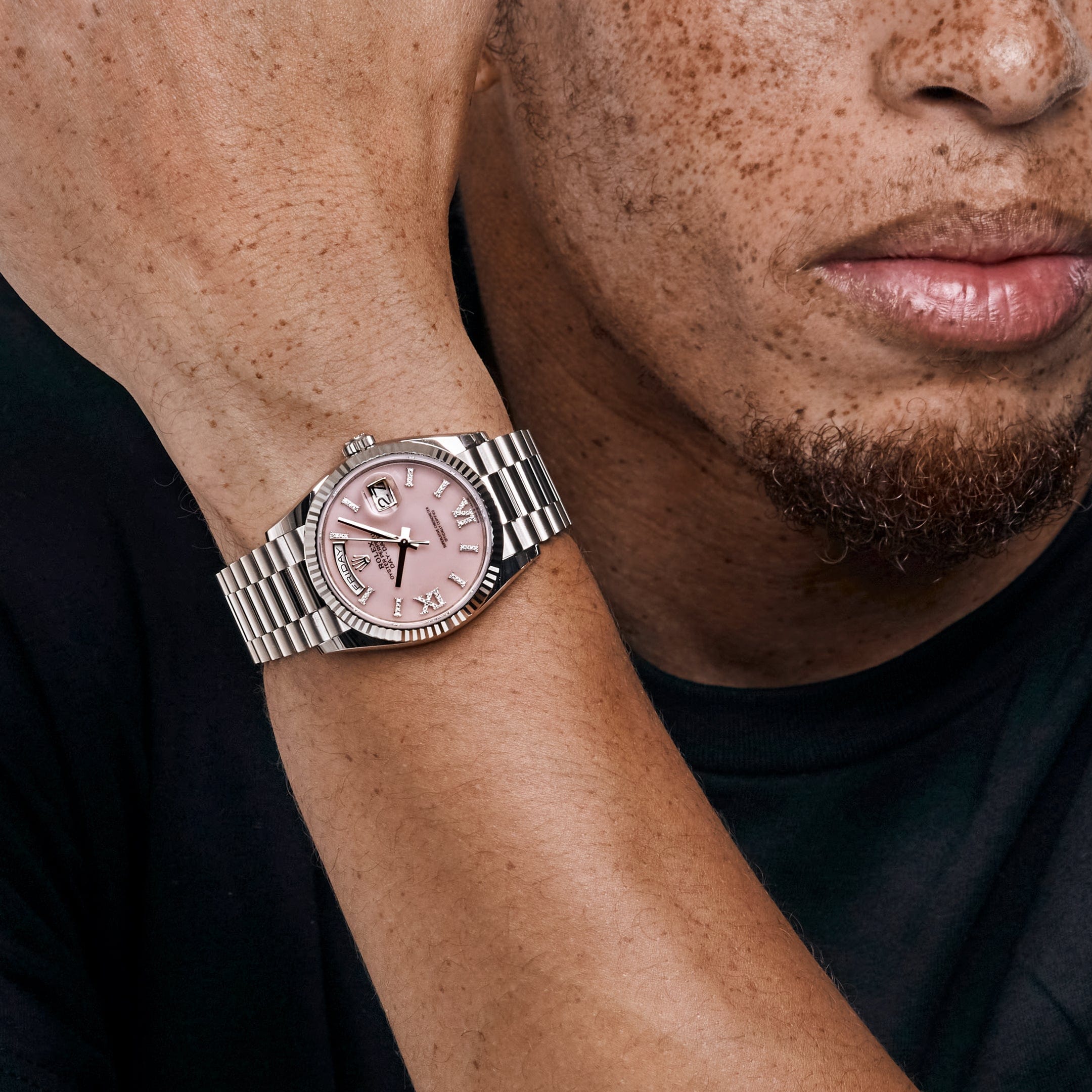 Rolex Day-Date 36 128239 White Gold Pink Opal Diamond Roman Numerals Dial (2025)