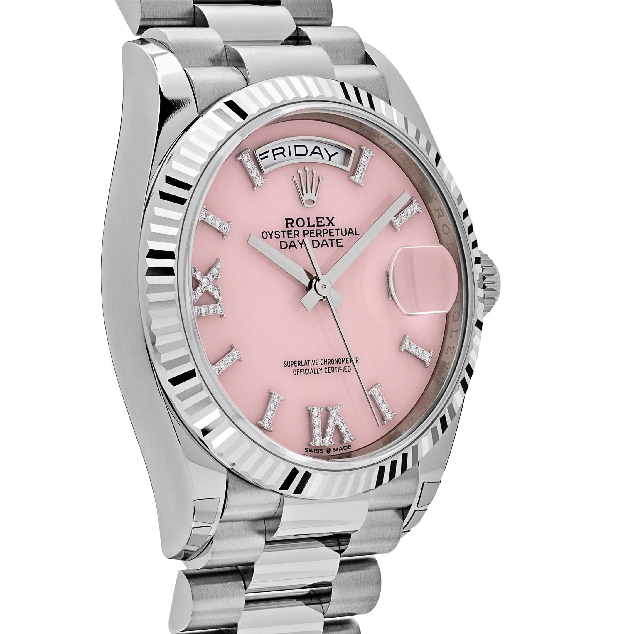 Rolex Day-Date 36 128239 White Gold Pink Opal Diamond Roman Numerals Dial (2025)