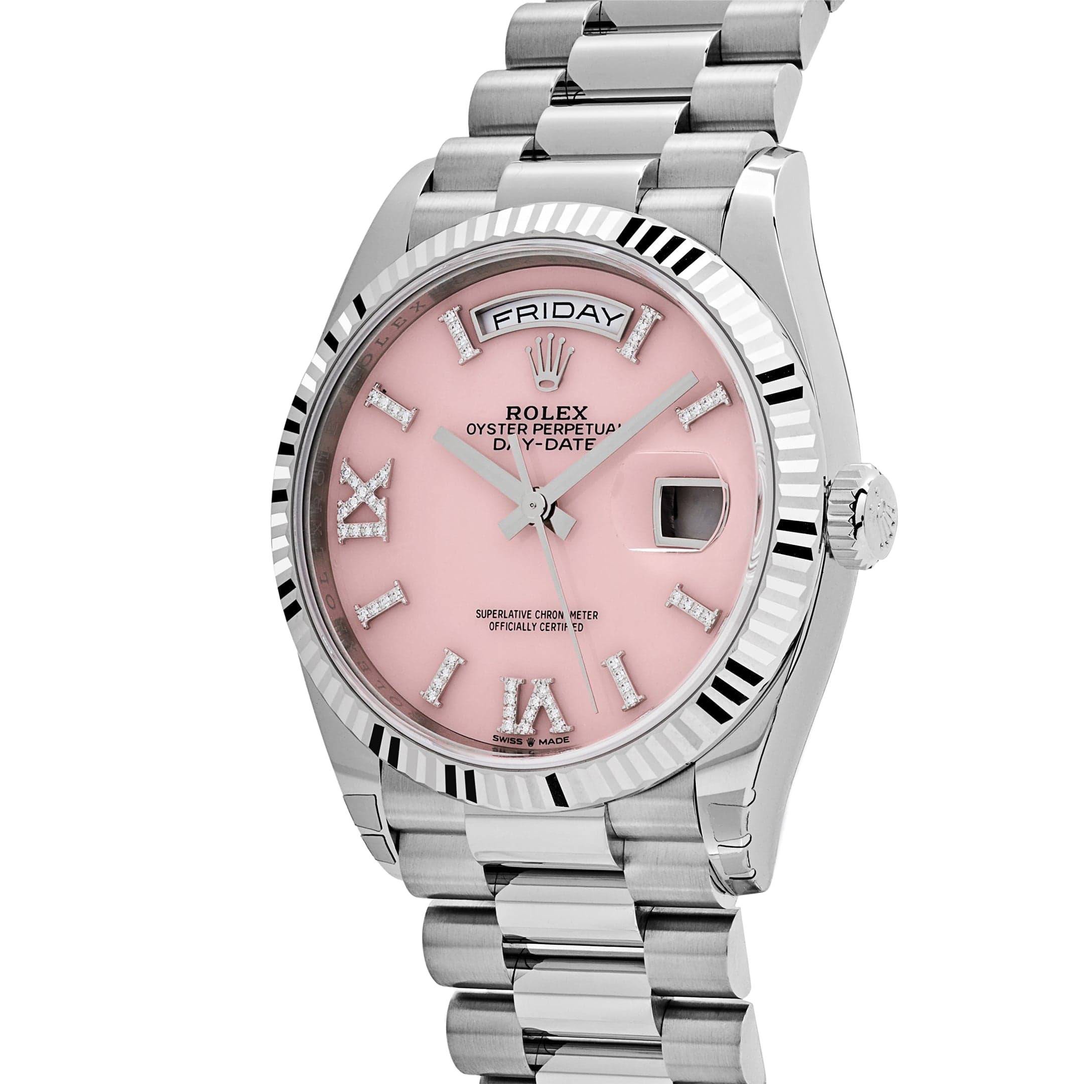 Rolex Day-Date 36 128239 White Gold Pink Opal Diamond Roman Numerals Dial (2025)