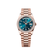 Rolex Day-Date 36 128345RBR Rose Gold Diamond Bezel Blue-Green Baguette Marker Dial