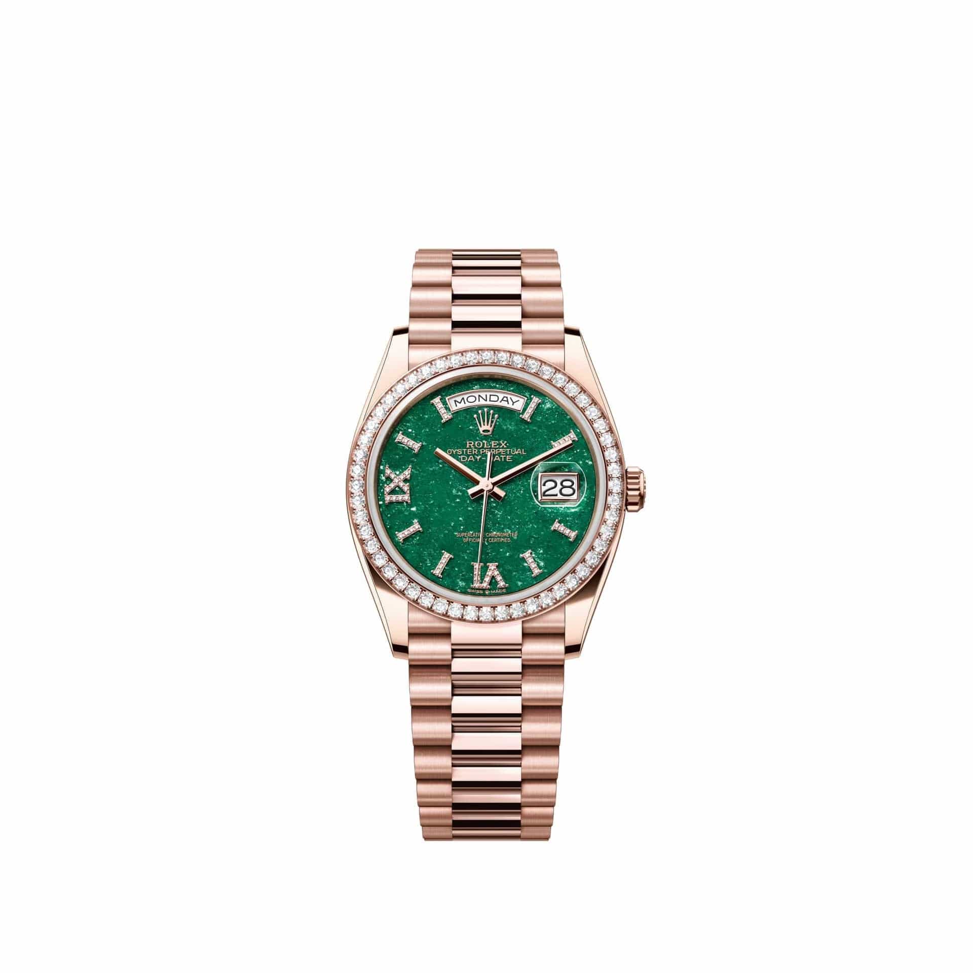 Rolex Day-Date 36 128345RBR Rose Gold Green Aventurine Diamond Dial President Diamond Bezel (2026)