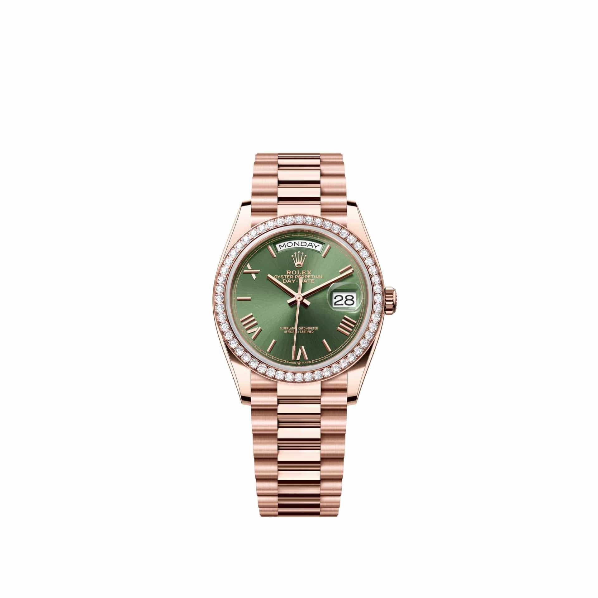 Rolex Day-Date 36 128345RBR Rose Gold Olive Green Roman Dial President Diamond Bezel (2026)