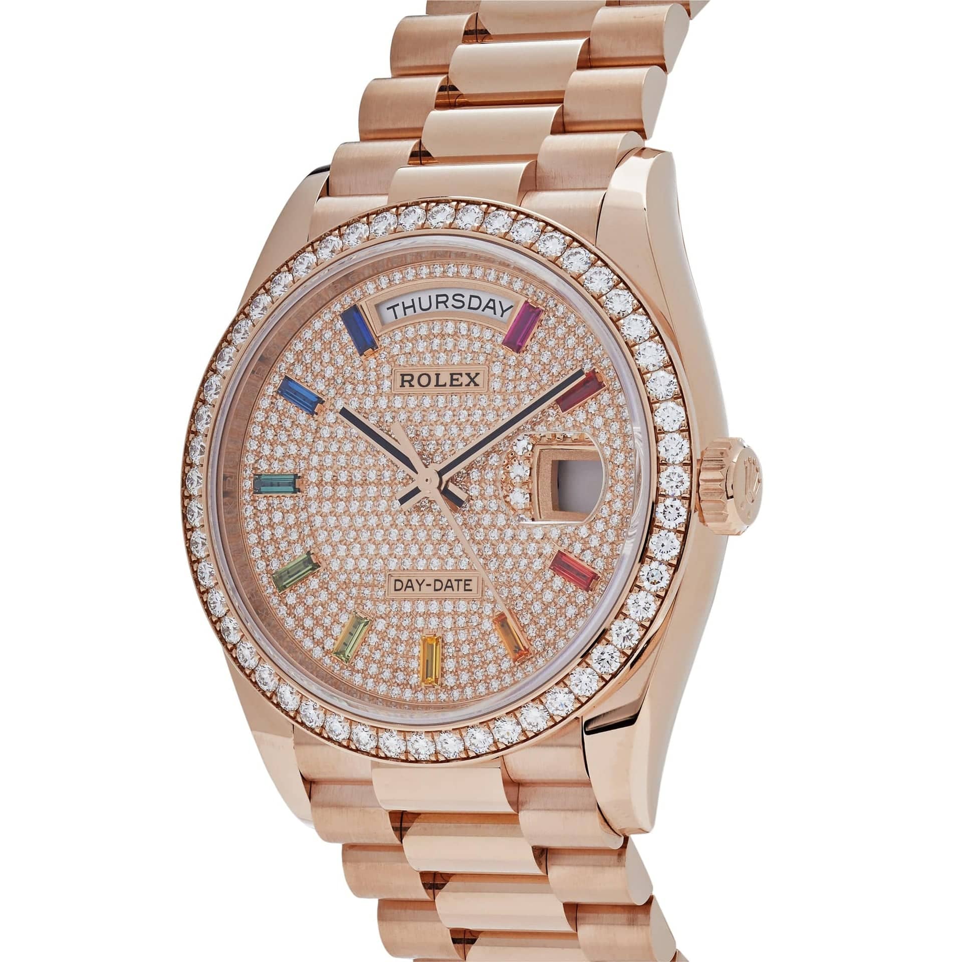 Luxury Watch Rolex Day-Date 36 Rose Gold Diamond Bezel Diamond Pave Dial 128345RBR Wrist Aficionado