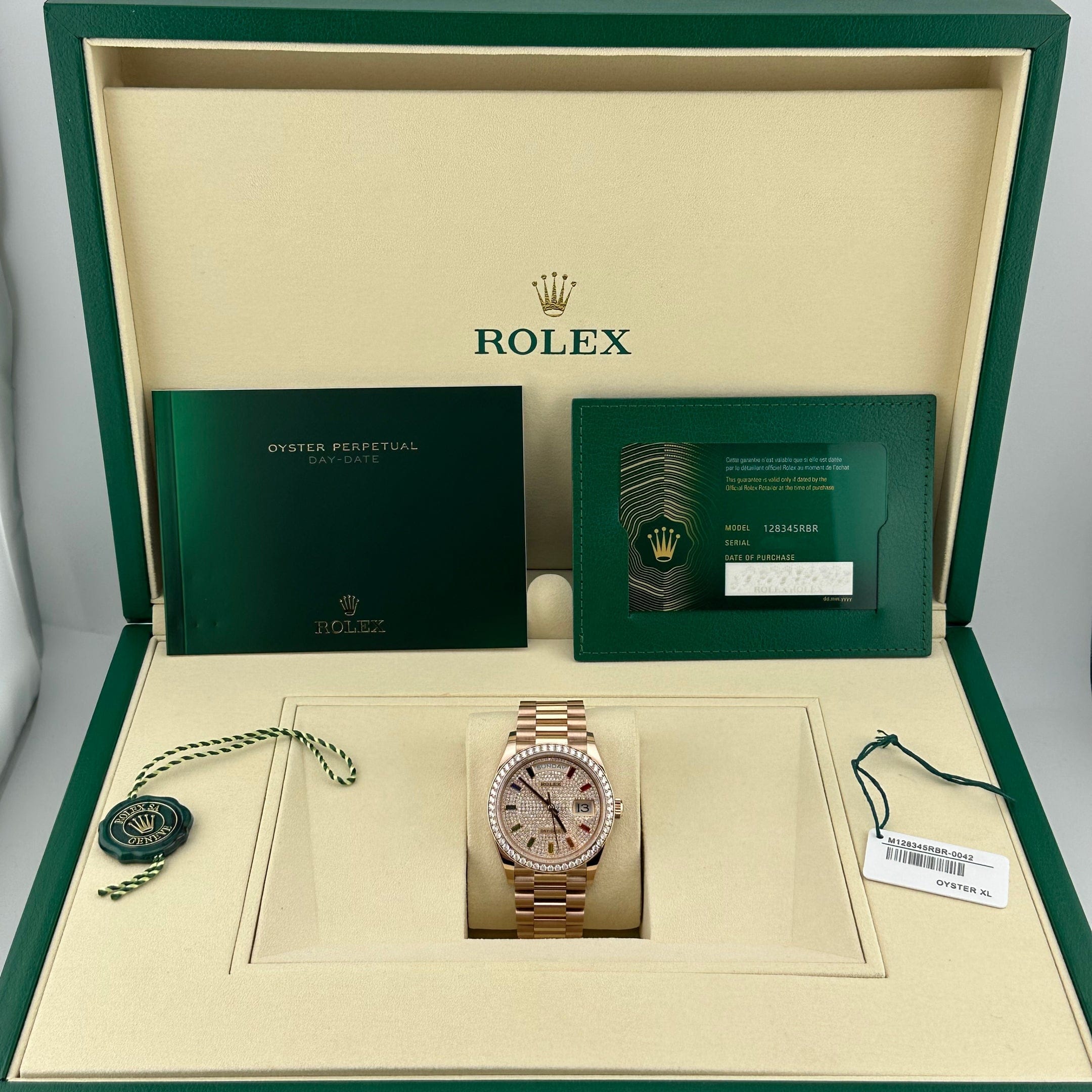 Rolex Day-Date 36 128345RBR Rose Gold Rainbow Diamond Pave Dial Diamond Bezel (2025)