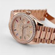 Rolex Day-Date 36 128345RBR Rose Gold Rainbow Diamond Pave Dial Diamond Bezel (2025)