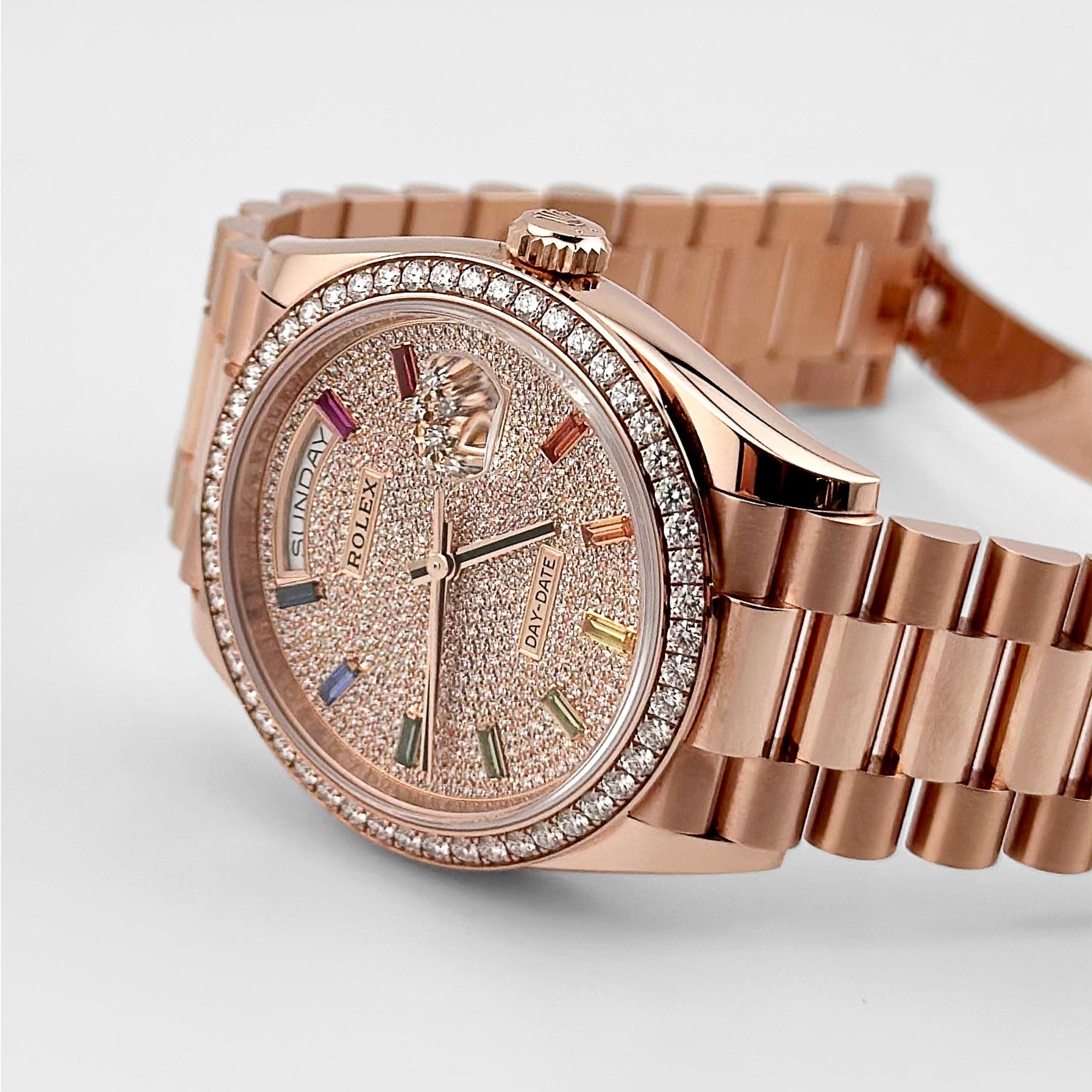 Rolex Day-Date 36 128345RBR Rose Gold Rainbow Diamond Pave Dial Diamond Bezel (2025)