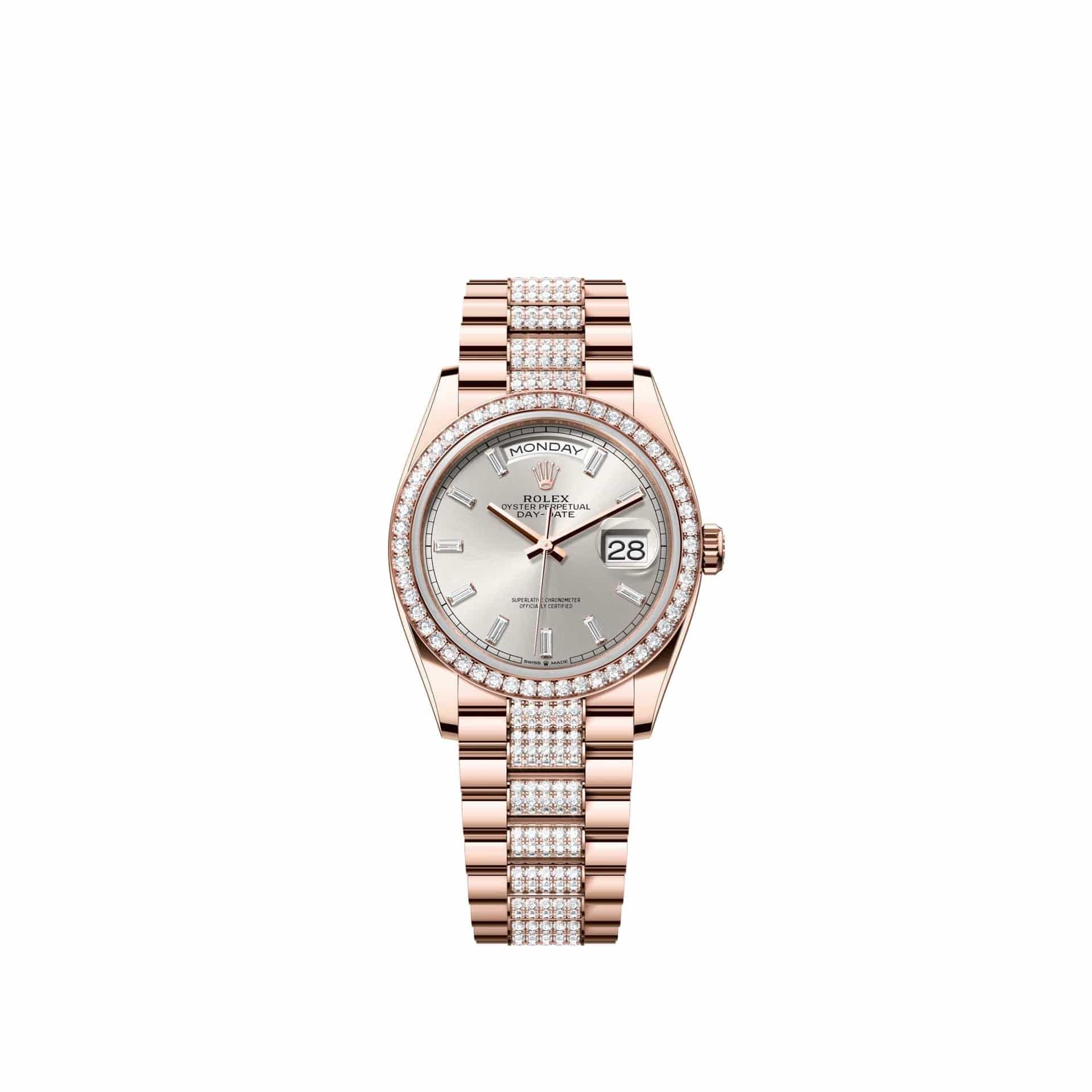 Rolex Day-Date 36 128345RBR Rose Gold Silver Diamond Dial Diamond-Set President Diamond Bezel (2026)