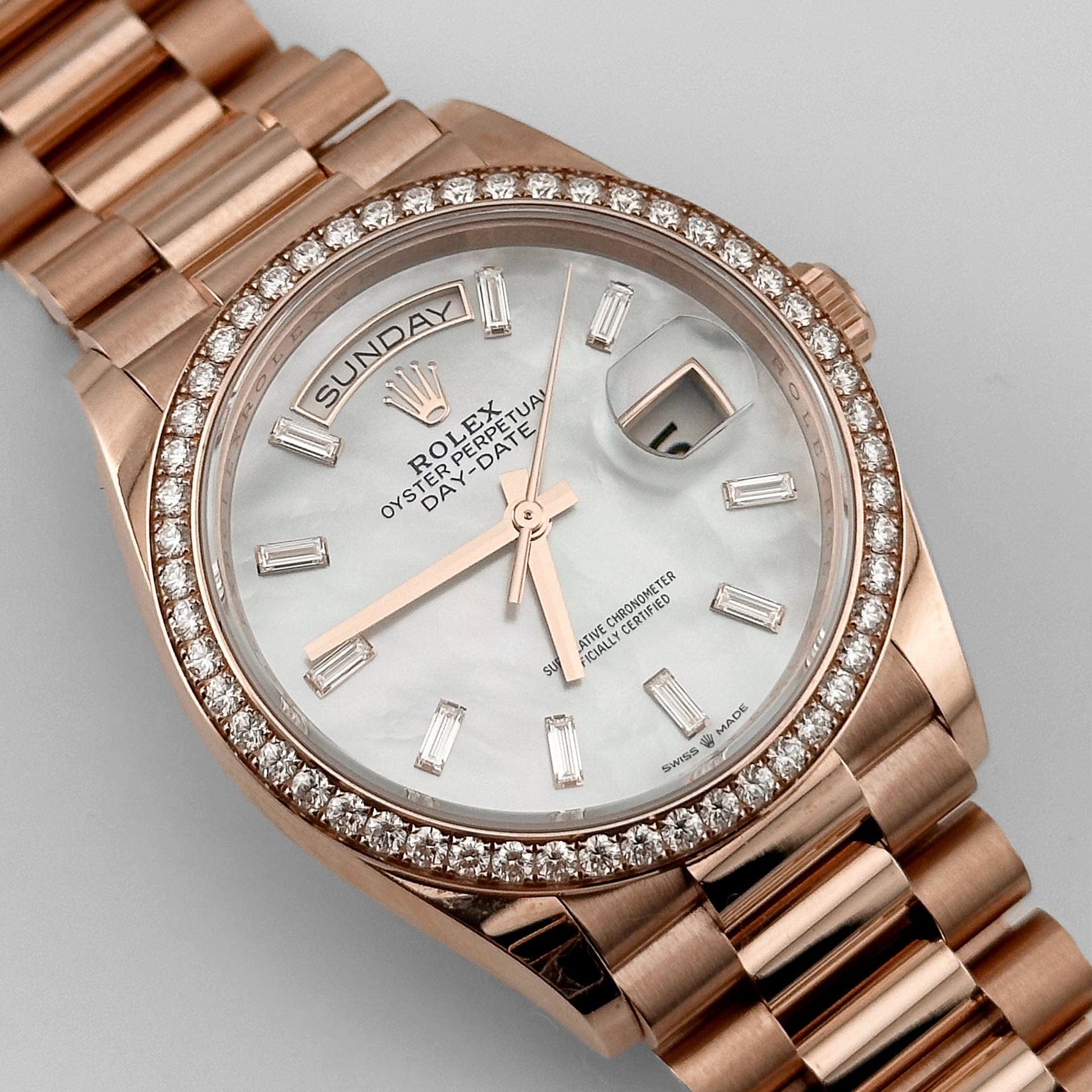 Rolex Day-Date 128345RBR Rose Gold Mother of Pearl Diamond Bezel (2025)