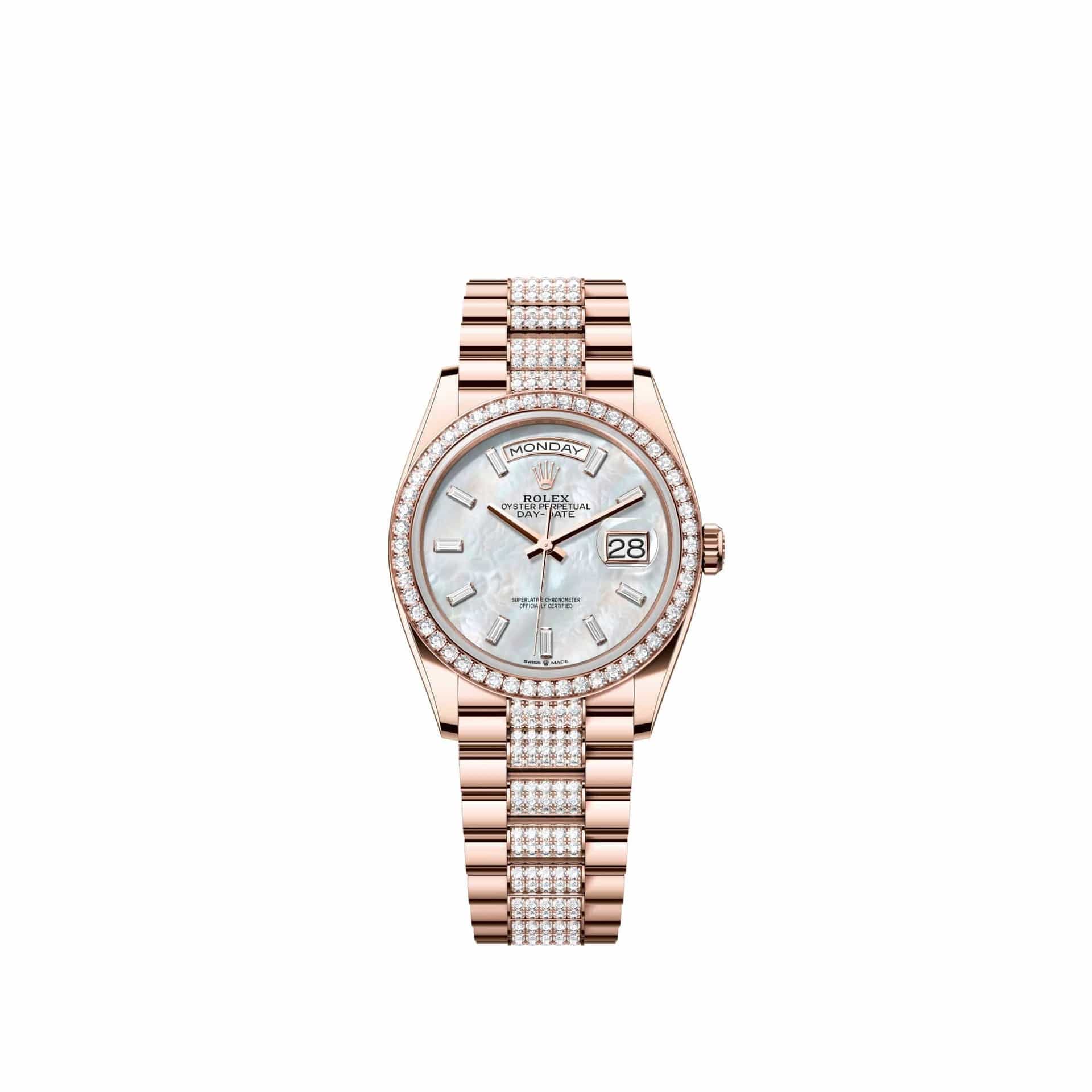 Rolex Day-Date 36 128345RBR Rose Gold White Mother of Pearl Diamond Dial Diamond-Set President Diamond Bezel (2026)
