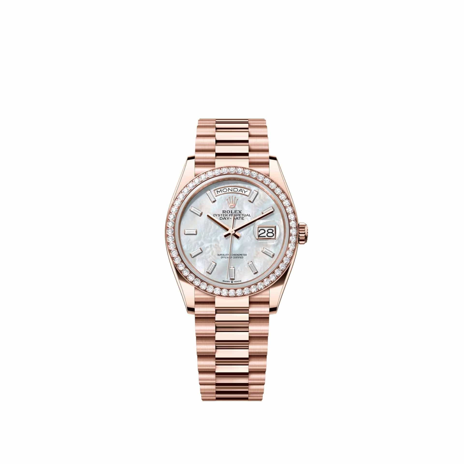 Rolex Day-Date 36 128345RBR Rose Gold White Mother of Pearl Diamond Dial President Diamond Bezel (2026)
