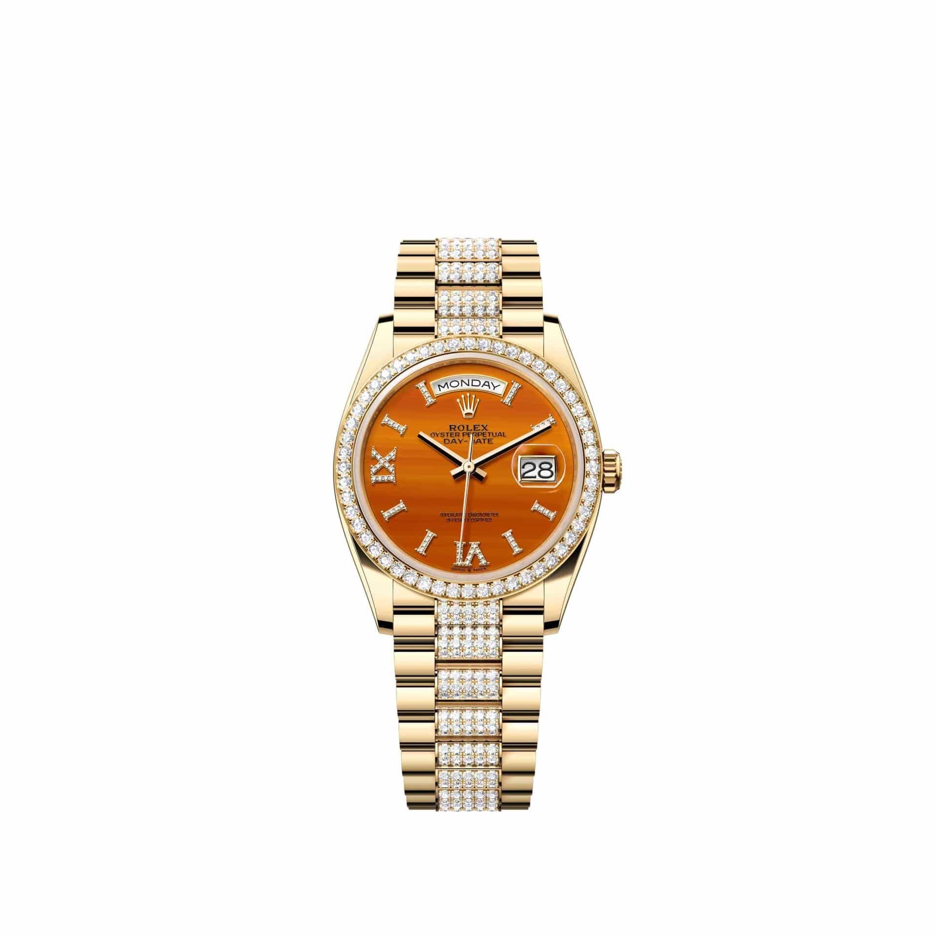 Rolex Day-Date 36 128348RBR Yellow Gold Carnelian Diamond Dial Diamond-Set President Diamond Bezel (2026)