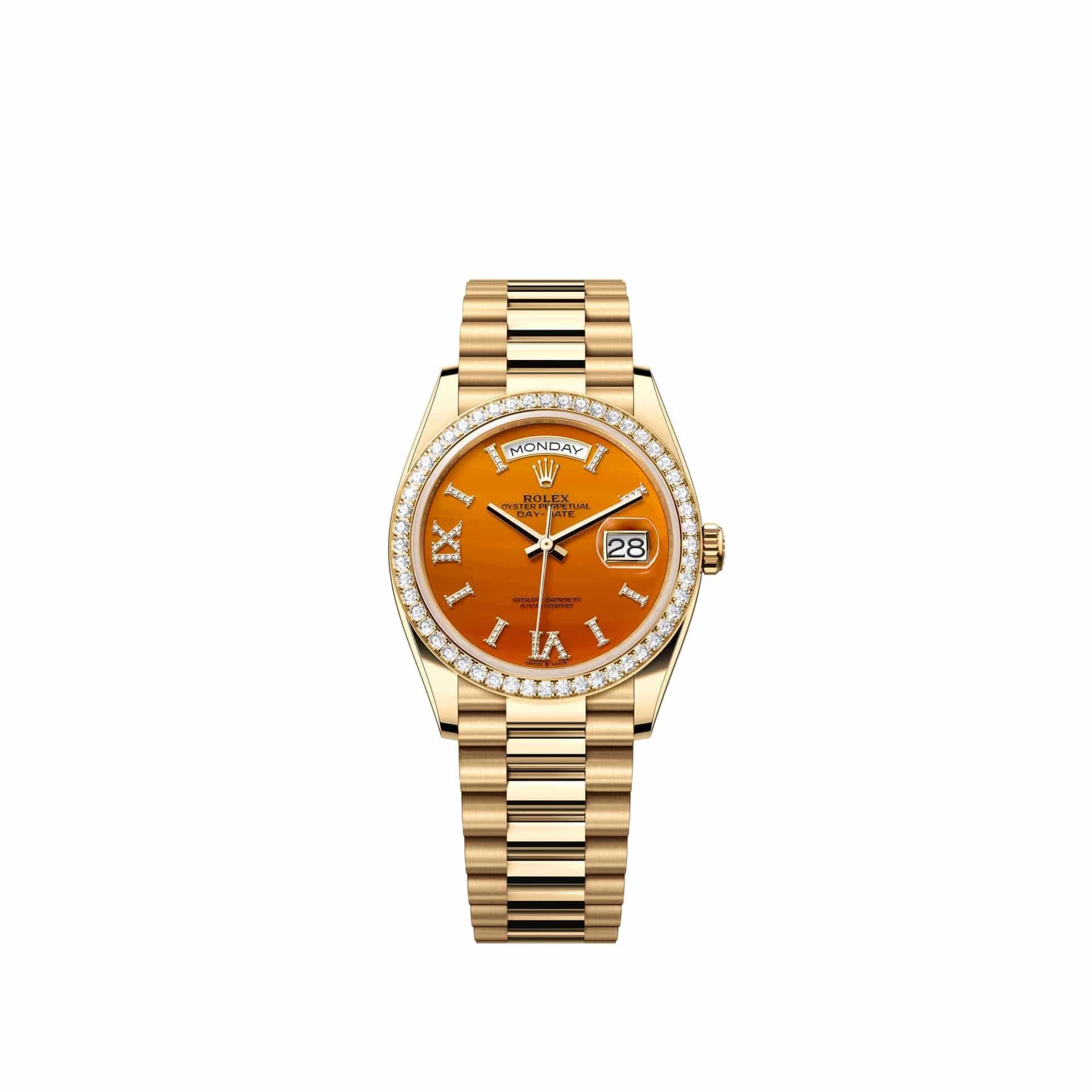 Rolex Day-Date 36 128348RBR Yellow Gold Carnelian Diamond Dial President Diamond Bezel (2026)