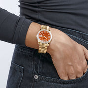 Rolex Day-Date 36 128348RBR Yellow Gold Carnelian Diamond Roman Numerals Dial Diamond Bezel