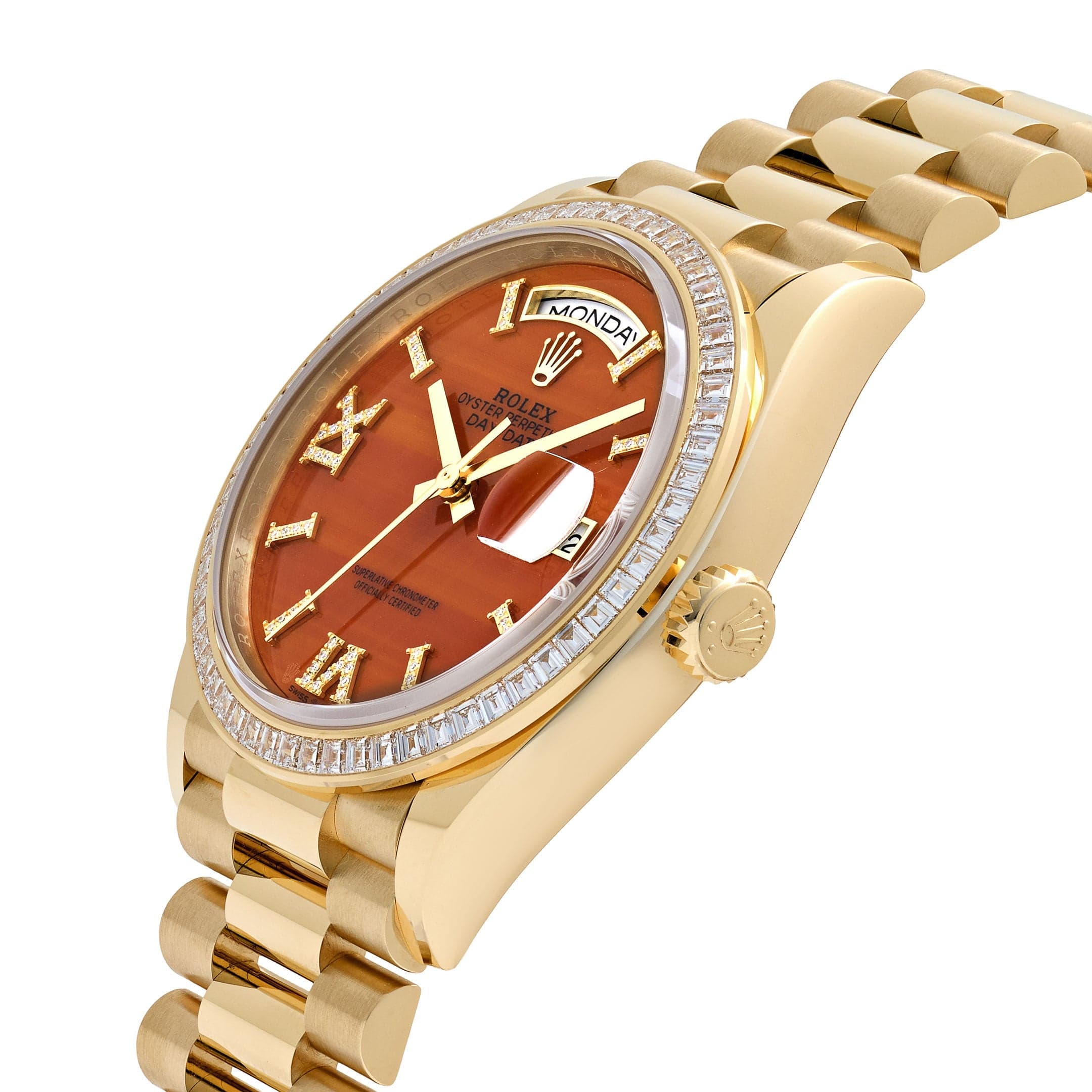 Rolex Day-Date 36 128348RBR Yellow Gold Carnelian Diamond Roman Numerals Dial Diamond Bezel