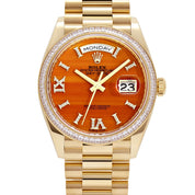 Rolex Day-Date 36 128348RBR Yellow Gold Carnelian Diamond Roman Numerals Dial Diamond Bezel