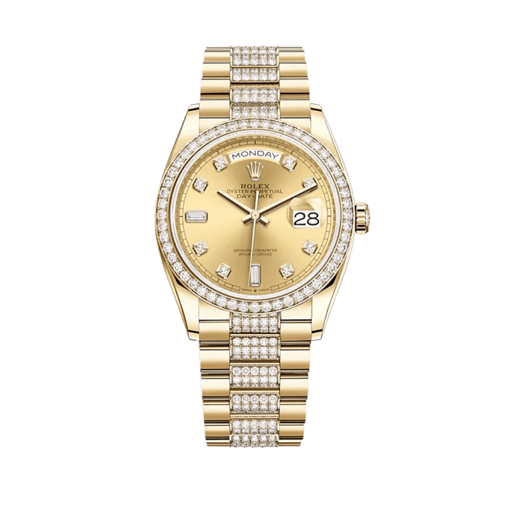 Luxury Watch Rolex Day-Date 36 Yellow Gold Diamond Bezel Champagne Diamond Dial 128348RBR Wrist Aficionado