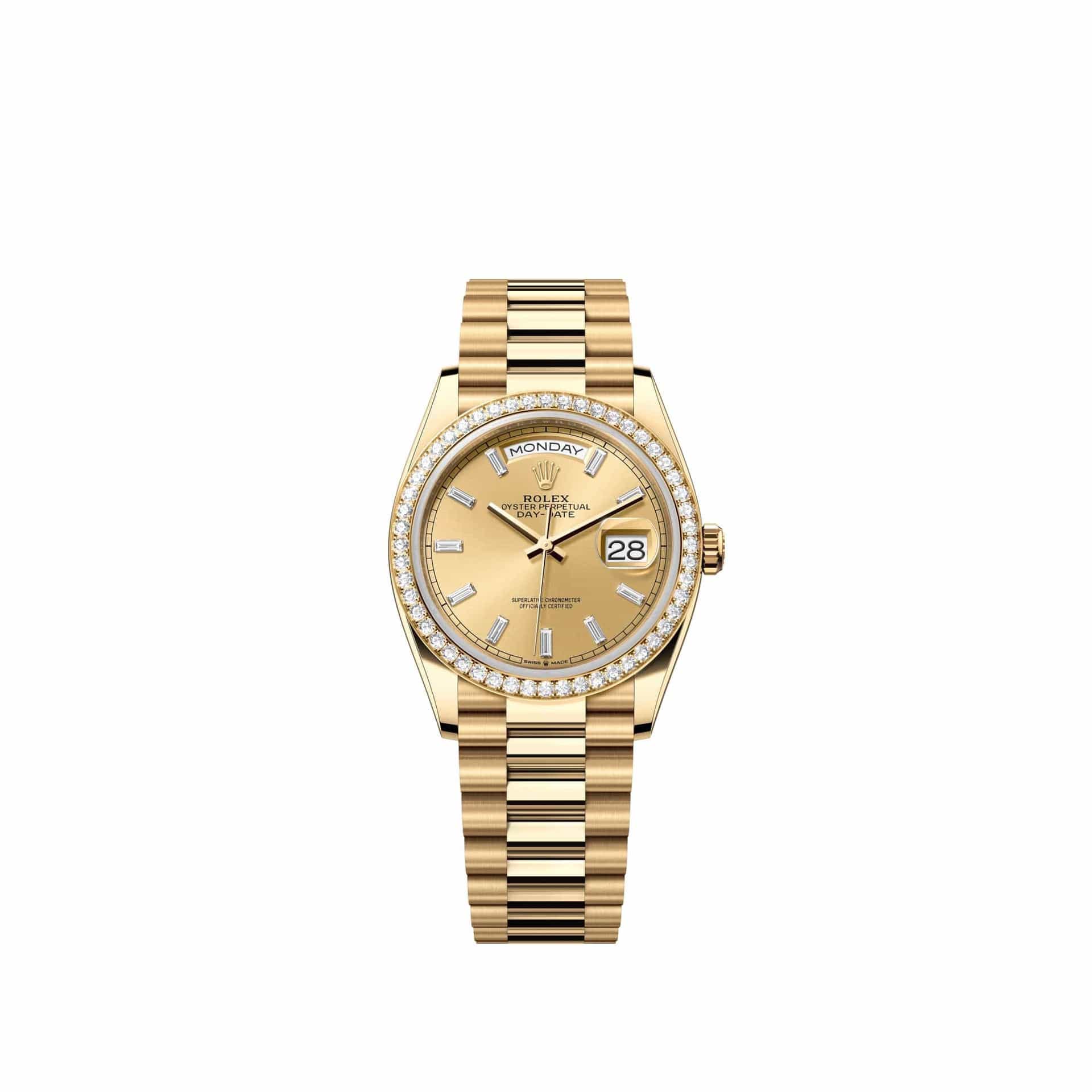 Rolex Day-Date 36 128348RBR Yellow Gold Champagne Diamond Dial President Diamond Bezel (2026)