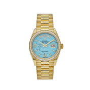 Rolex Day-Date 36 128348RBR Yellow Gold Diamond Bezel Turquoise Diamond Dial