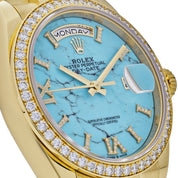 Rolex Day-Date 36 128348RBR Yellow Gold Diamond Bezel Turquoise Stone Diamond Dial
