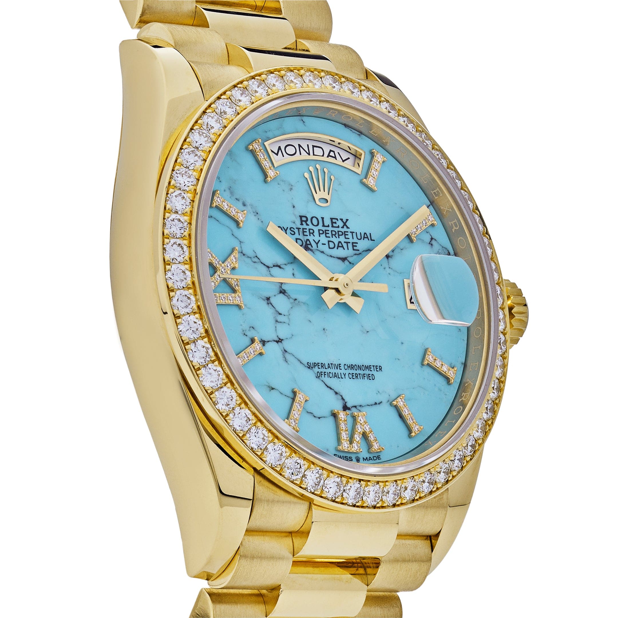 Rolex Day-Date 36 128348RBR Yellow Gold Diamond Bezel Turquoise Stone Diamond Dial