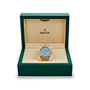 Rolex Day-Date 36 128348RBR Yellow Gold Diamond Bezel Turquoise Stone Diamond Dial
