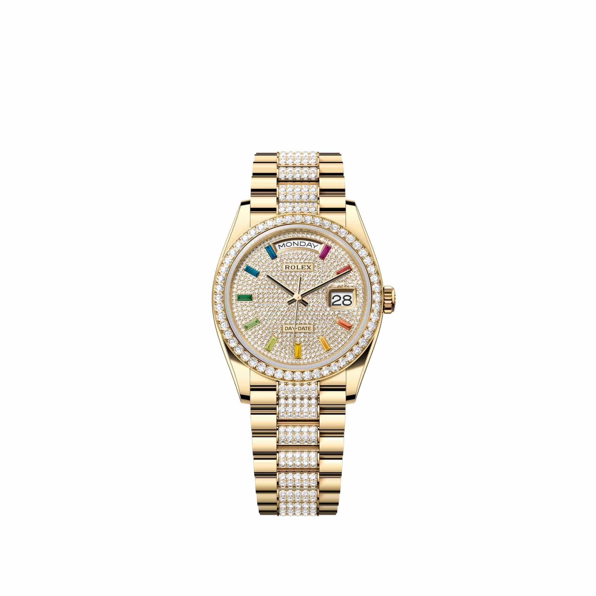 Rolex Day-Date 36 128348RBR Yellow Gold Diamond-Paved Sapphire Dial Diamond-Set President Diamond Bezel (2026)