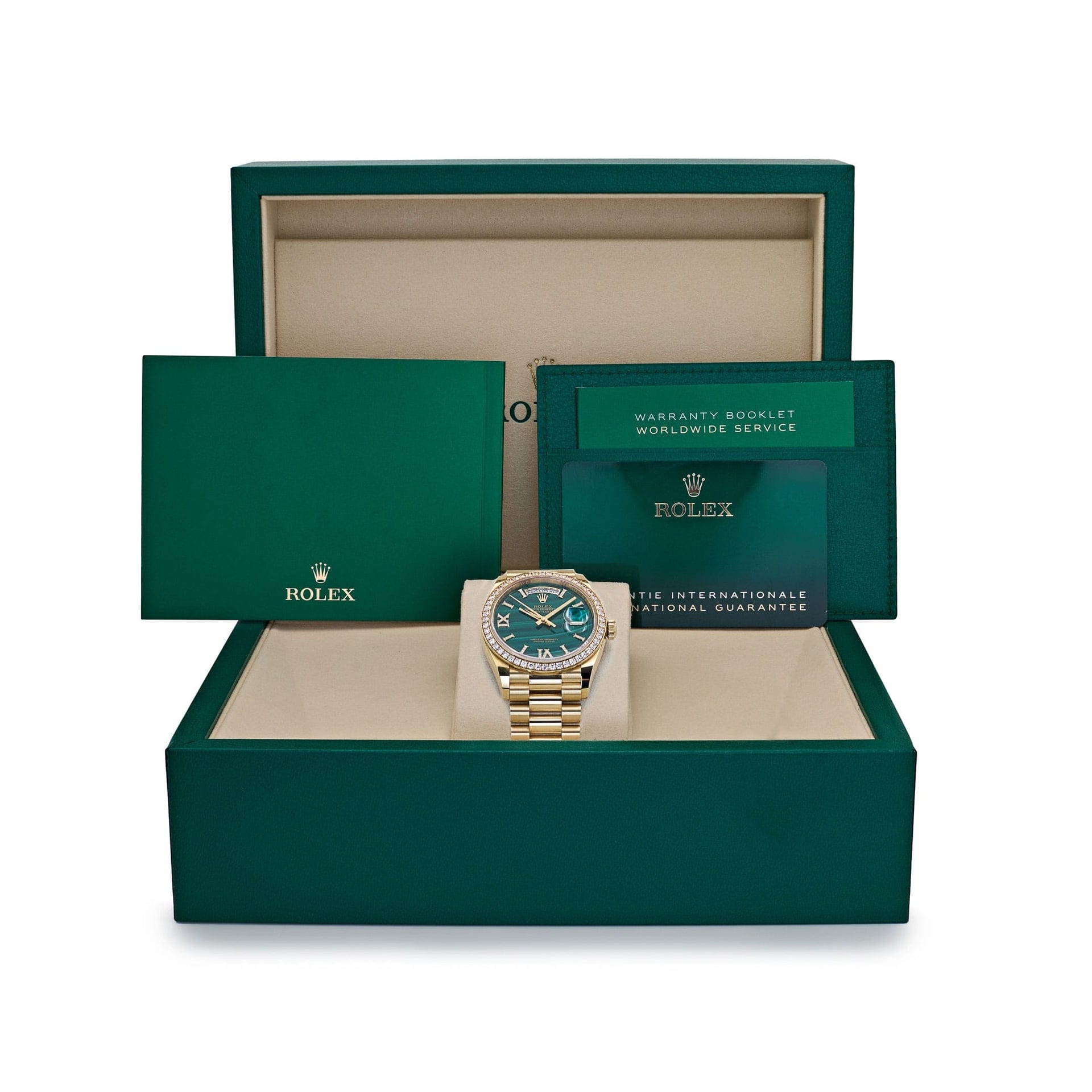 Rolex Day-Date 36 128348RBR Yellow Gold Green Malachite Dial Diamond Bezel (2021)
