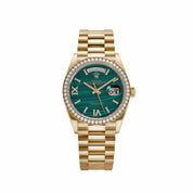 Rolex Day-Date 36 128348RBR Yellow Gold Green Malachite Dial Diamond Bezel (2021)