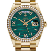 Rolex Day-Date 36 128348RBR Yellow Gold Green Malachite Dial Diamond Bezel (2021)